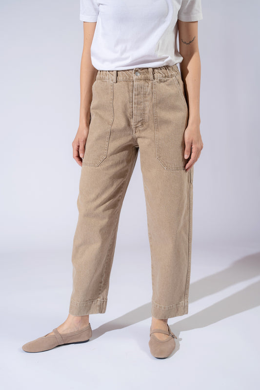 Jeans Apollo in cotone con elastico in vita - Beige Duna washed