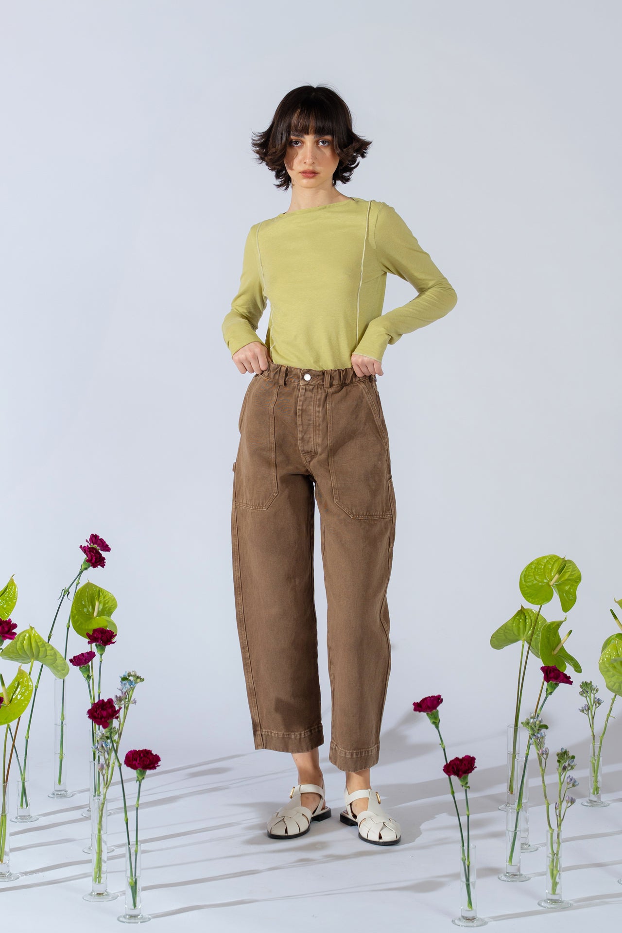 Tea Langärmliges Shirt aus Hanf-Baumwolle mit Kontrastnähten – Bergamottegrün