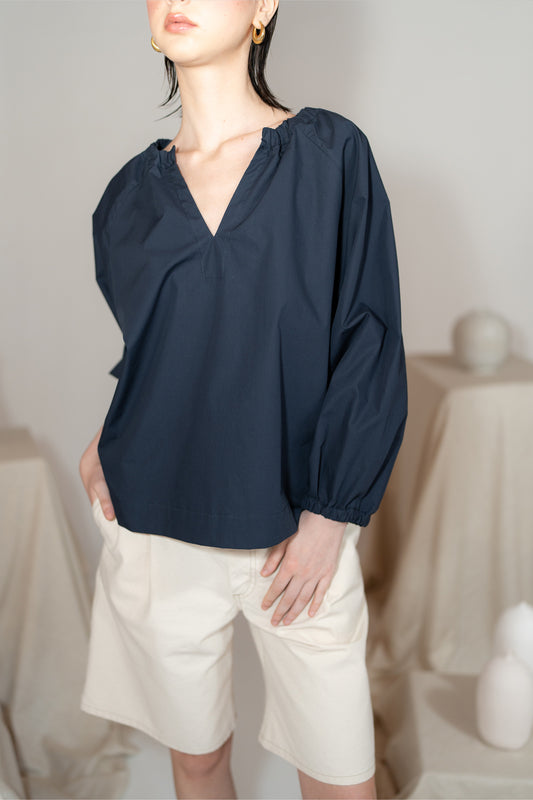 Blusa Paloma con maniche arricciate in cotone biologico - Blu navy