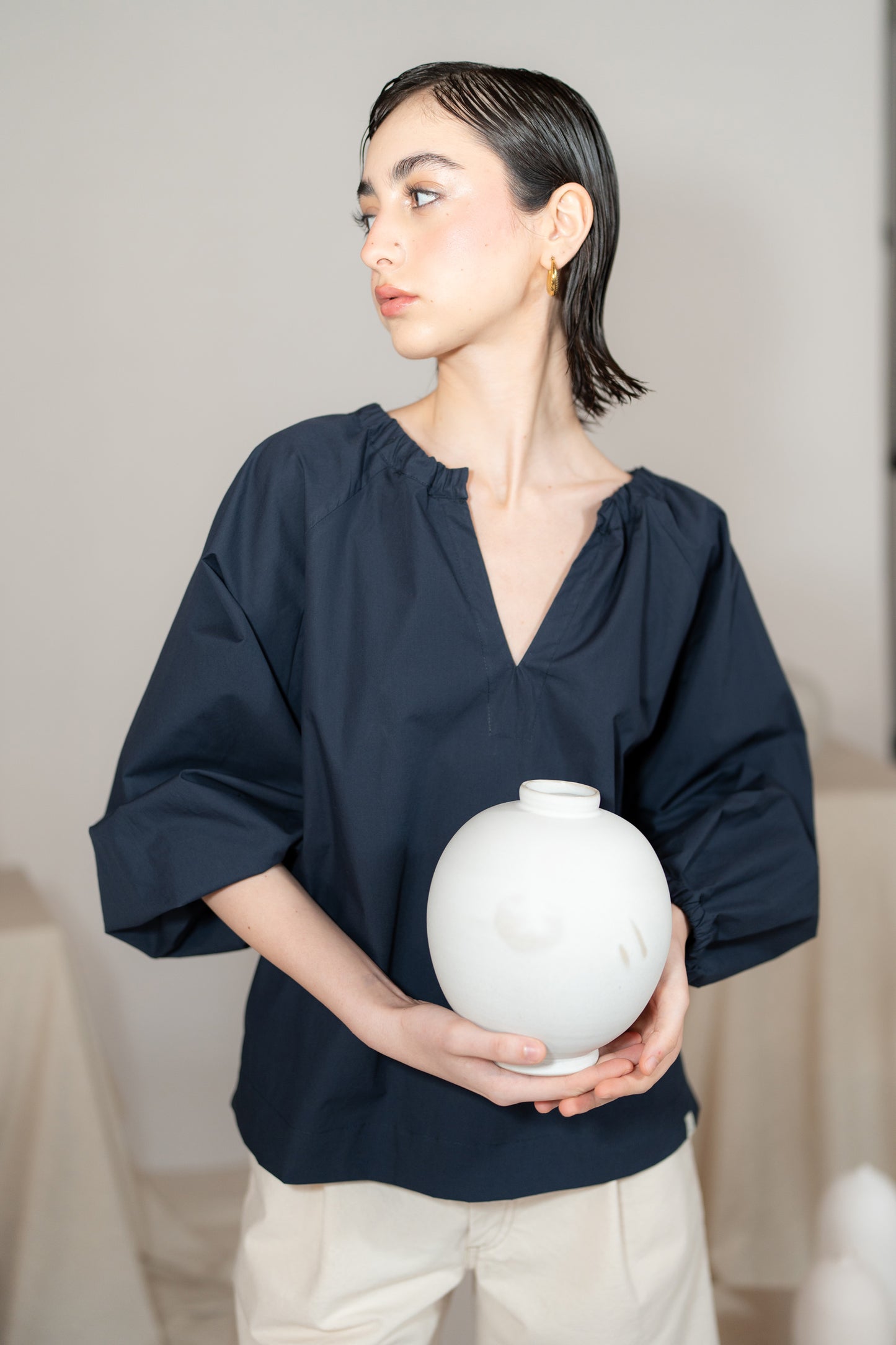 Blusa Paloma con maniche arricciate in cotone biologico - Blu navy