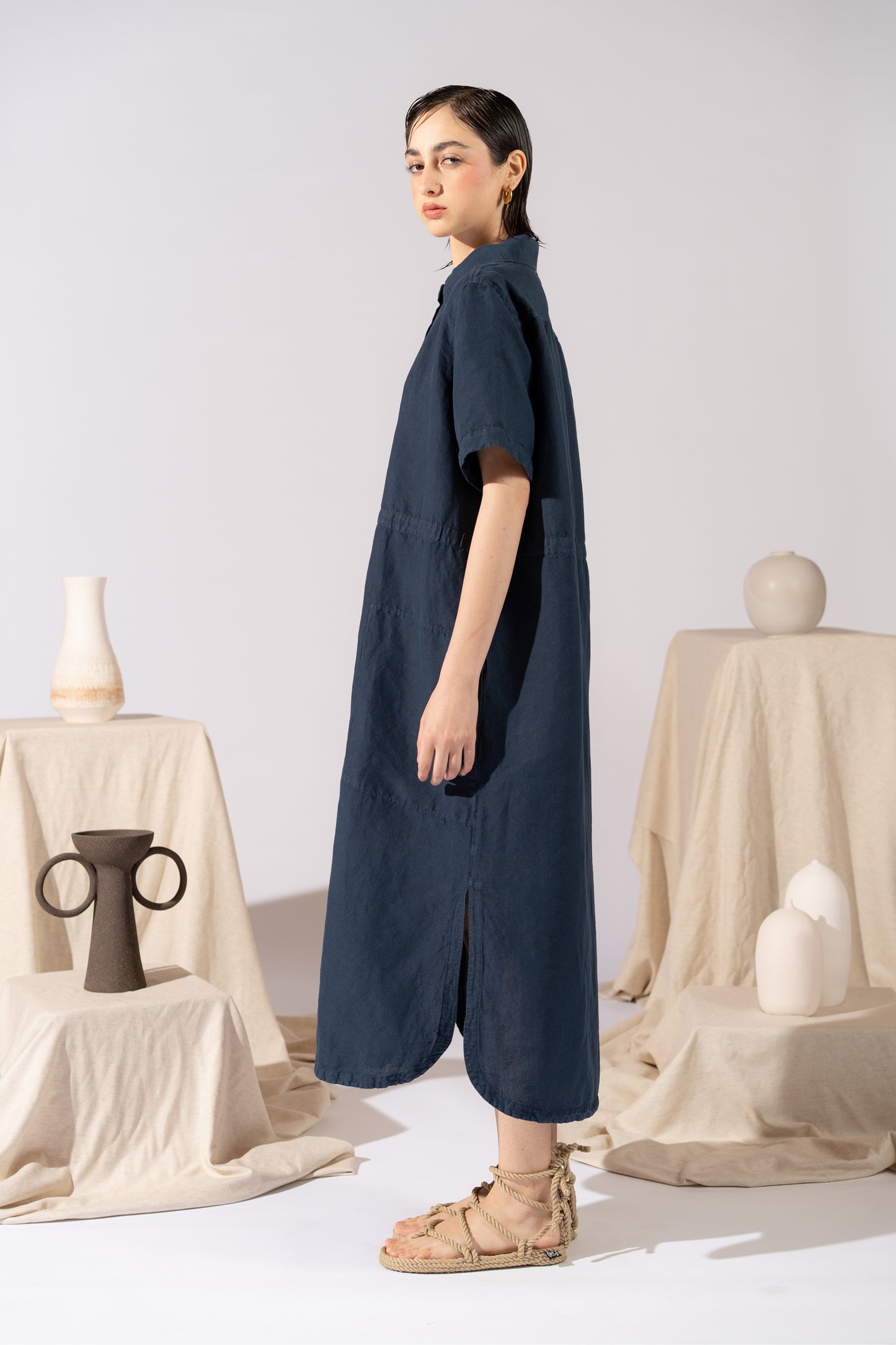 Vestito Chemisier in canapa cotone con coulisse regolabile - Blu navy