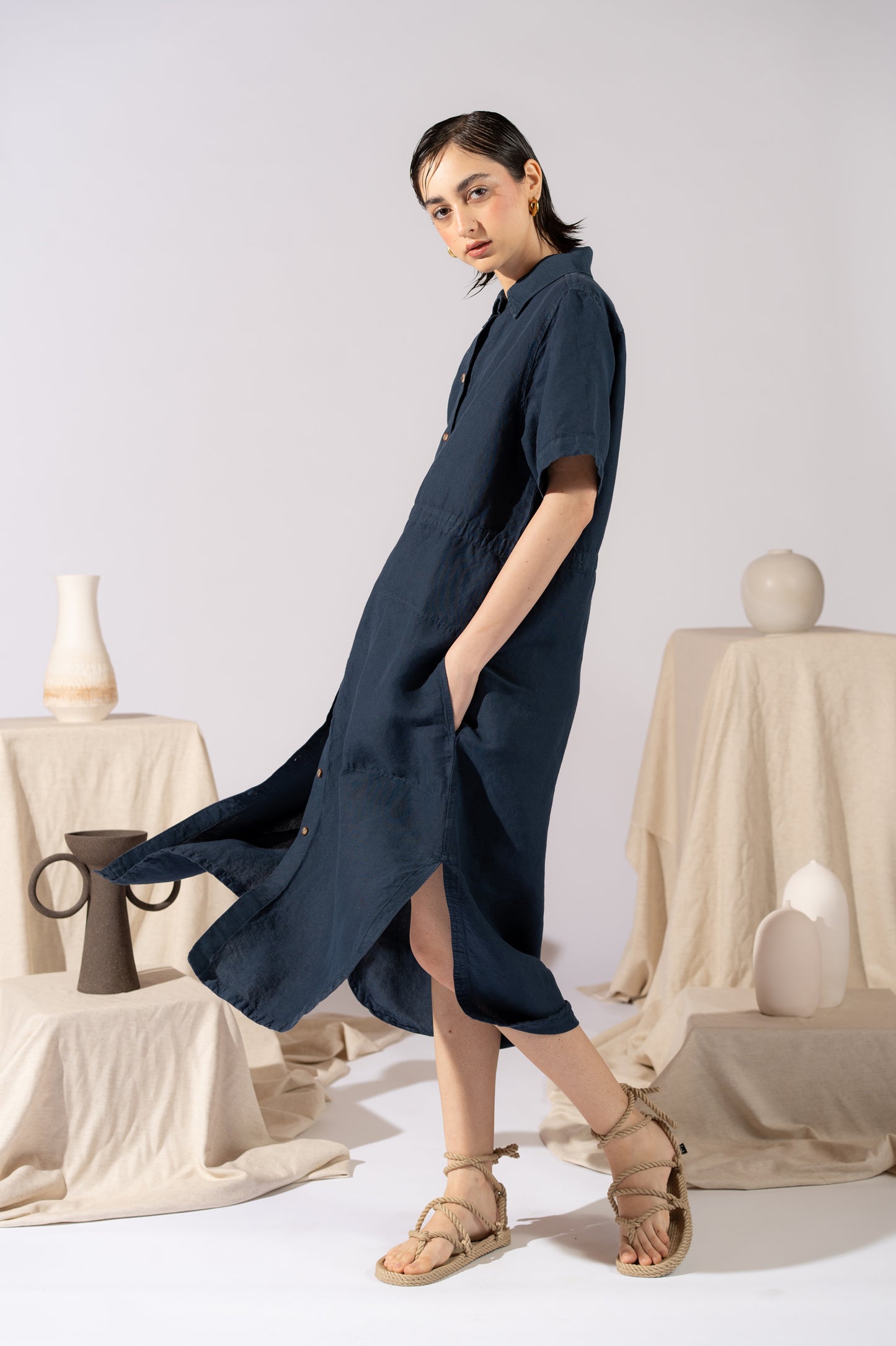 Vestito Chemisier in canapa cotone con coulisse regolabile - Blu navy