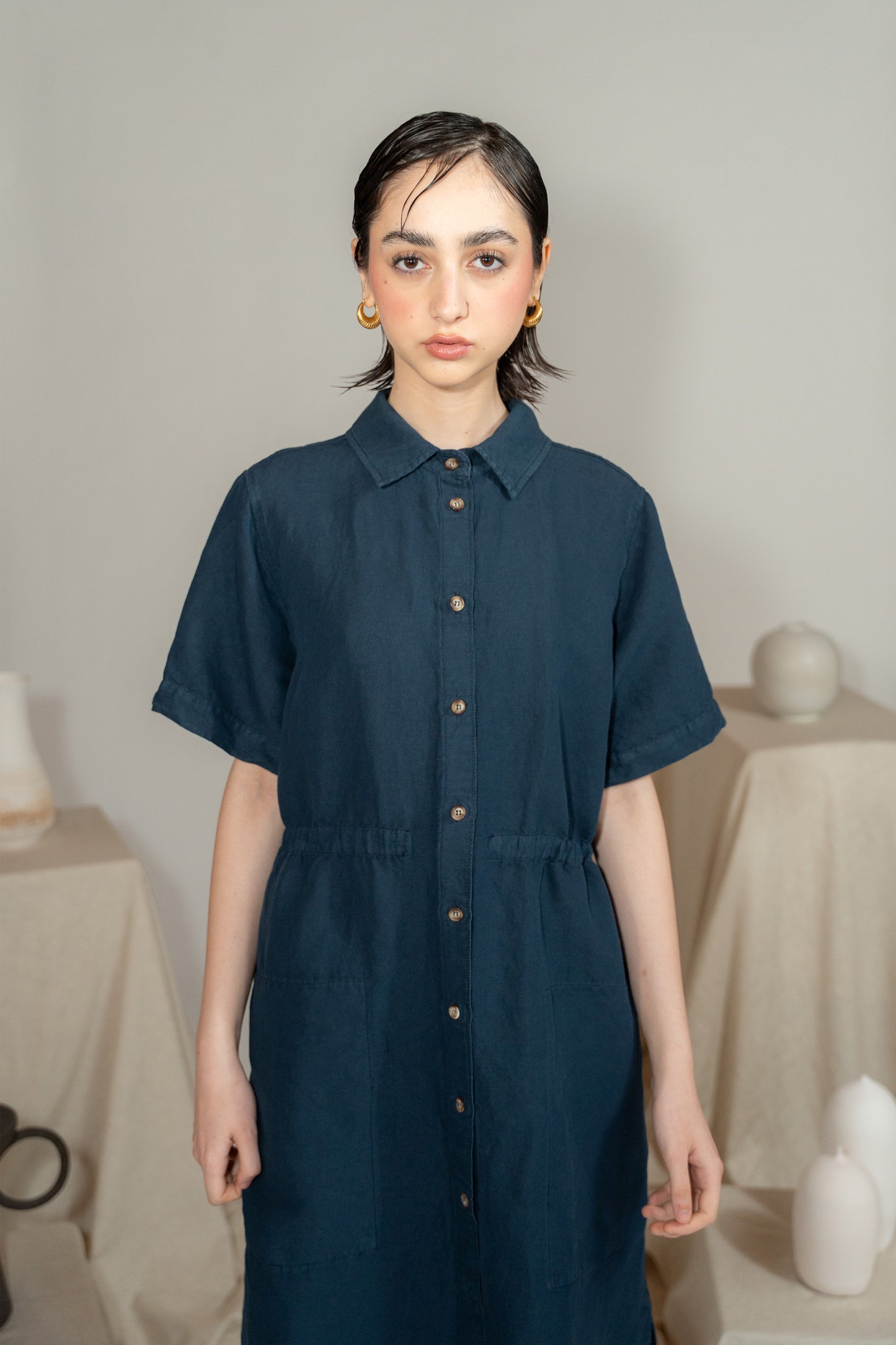 Vestito Chemisier in canapa cotone con coulisse regolabile - Blu navy