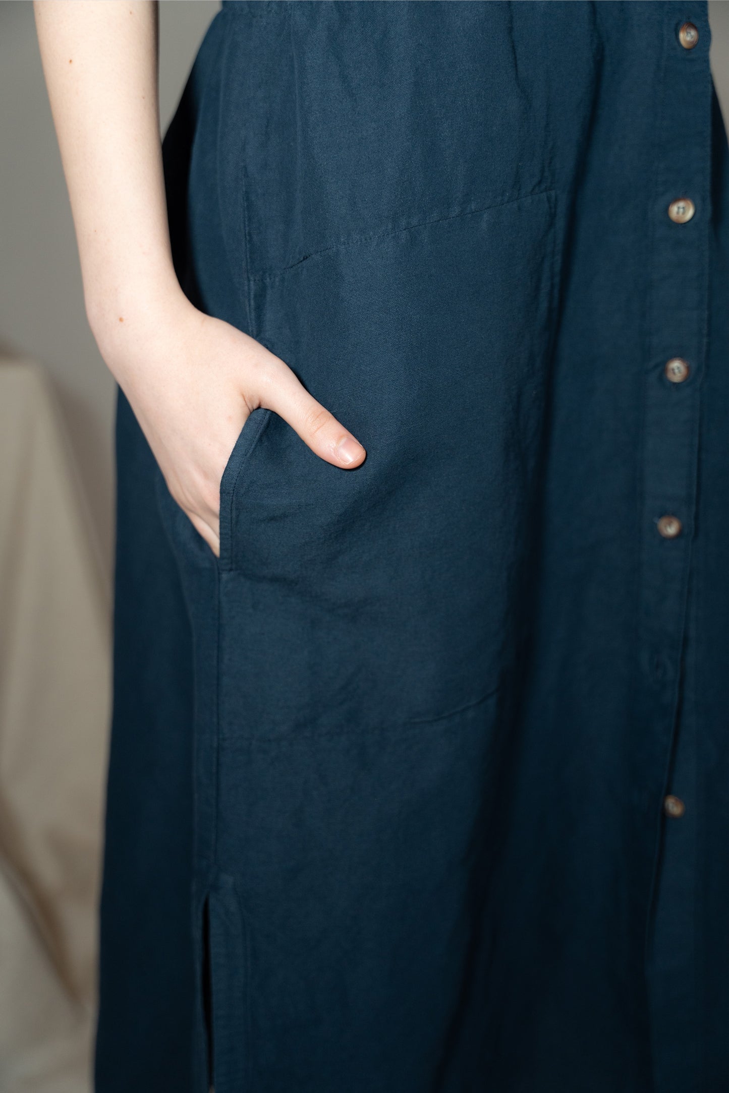 Vestito Chemisier in canapa cotone con coulisse regolabile - Blu navy