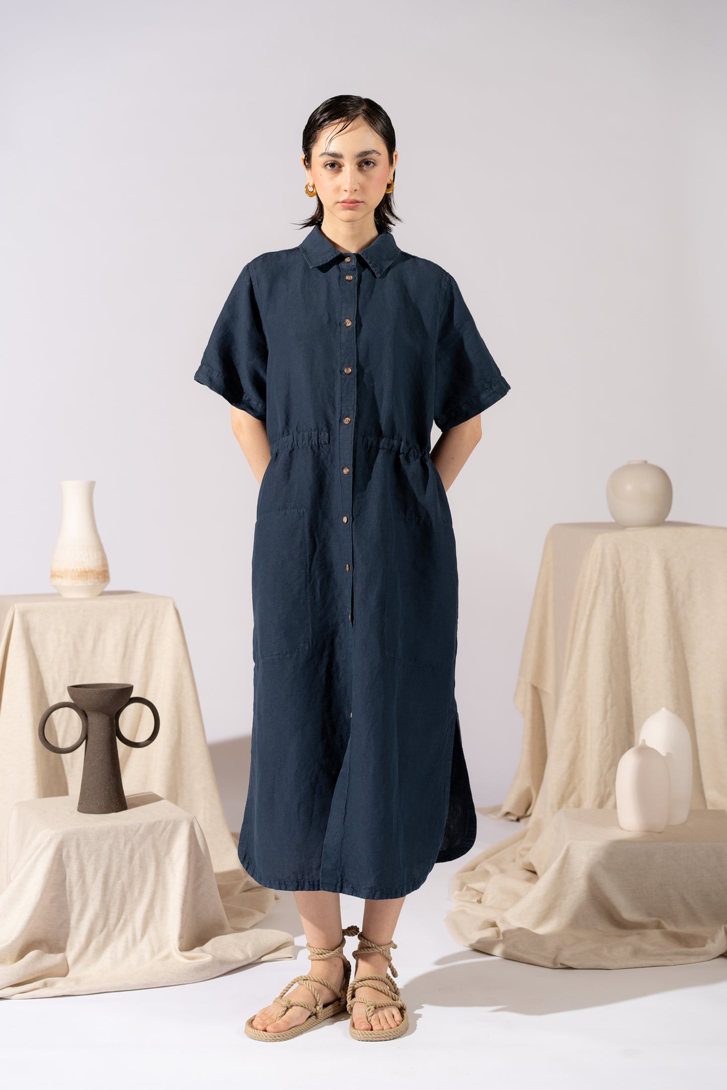 Vestito Chemisier in canapa cotone con coulisse regolabile - Blu navy