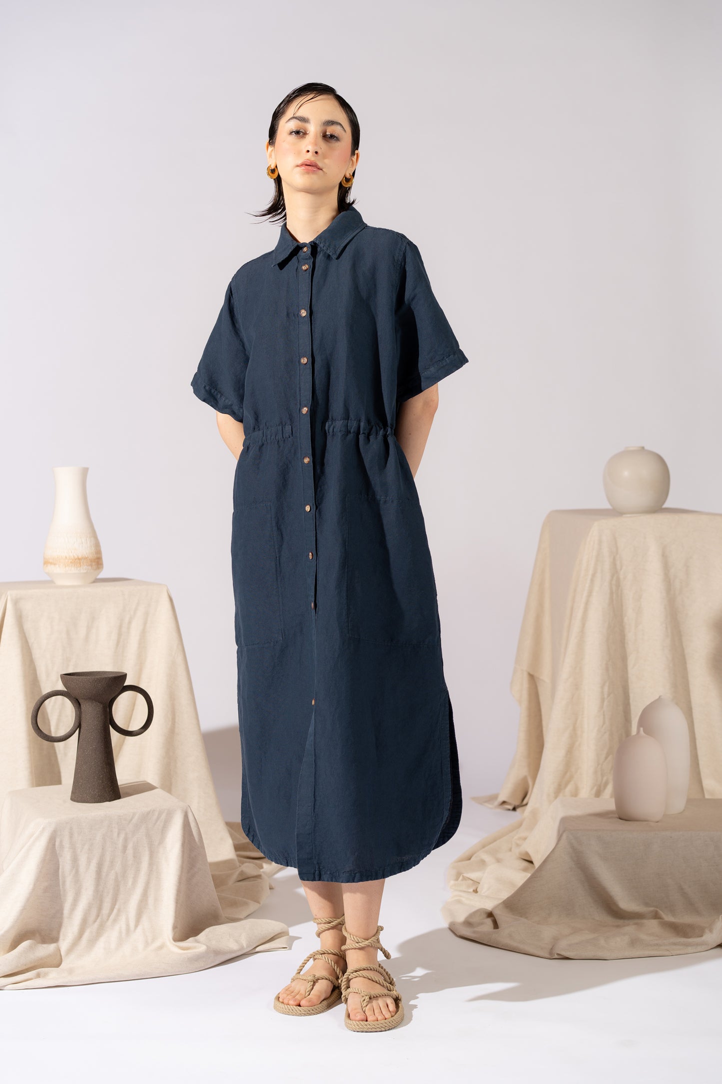 Vestito Chemisier in canapa cotone con coulisse regolabile - Blu navy
