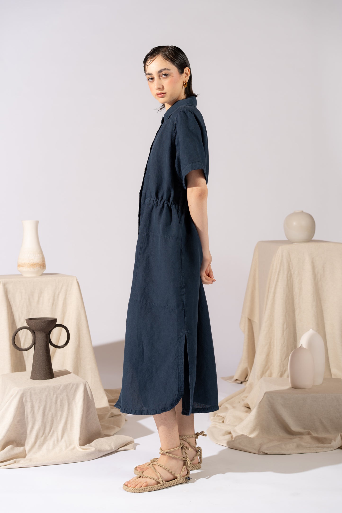 Vestito Chemisier in canapa cotone con coulisse regolabile - Blu navy