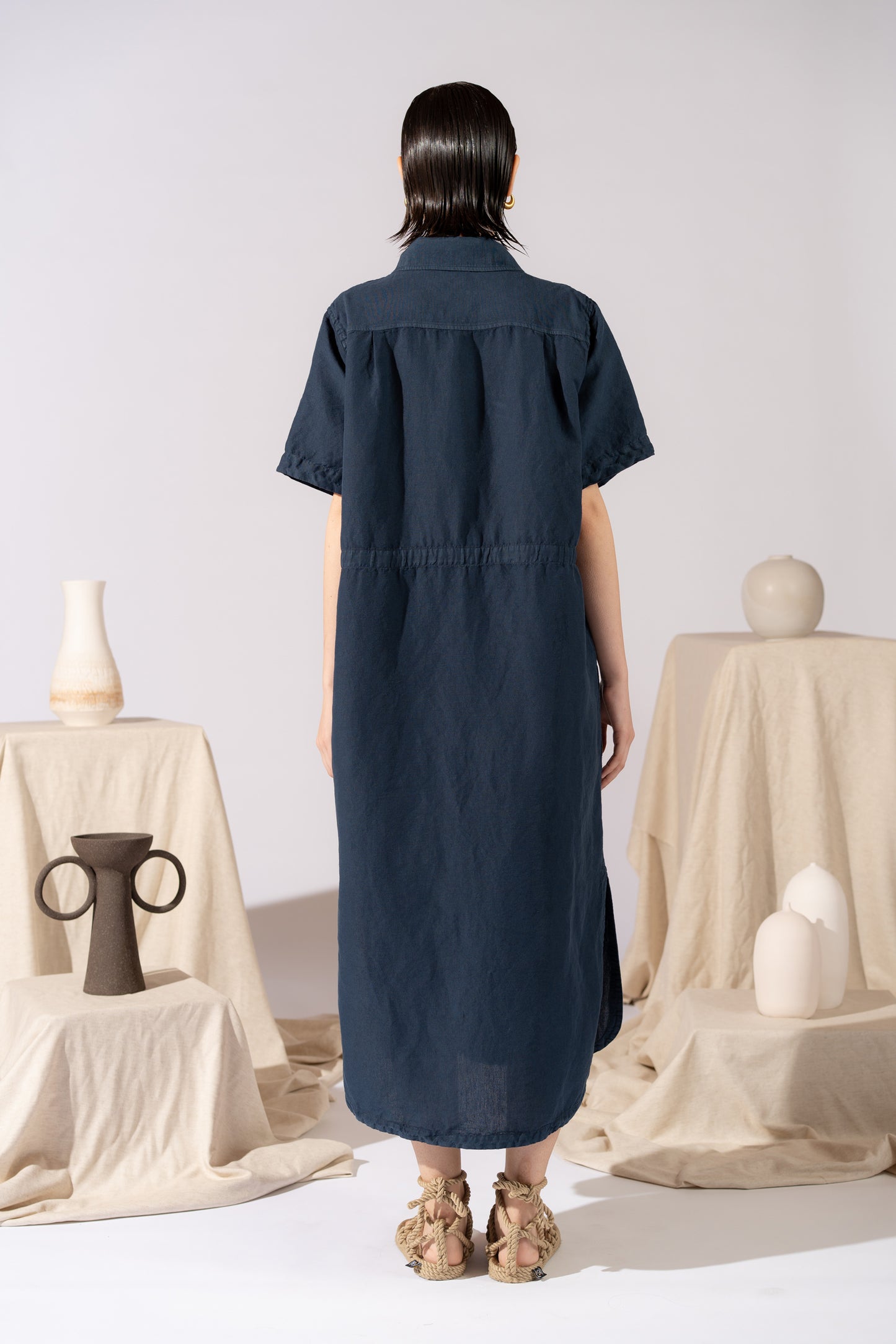 Vestito Chemisier in canapa cotone con coulisse regolabile - Blu navy