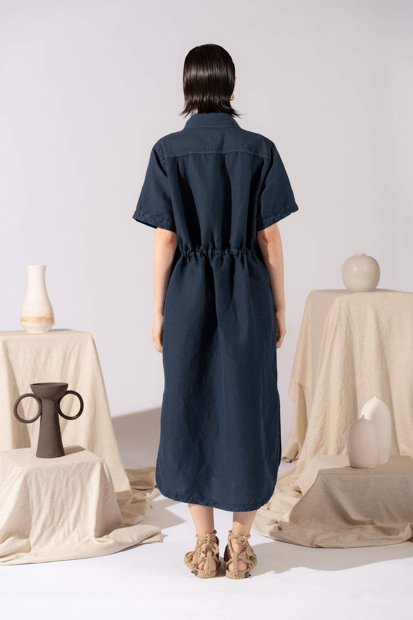 Vestito Chemisier in canapa cotone con coulisse regolabile - Blu navy