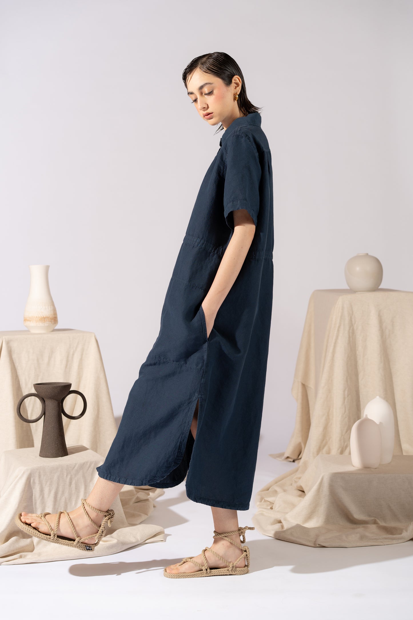 Vestito Chemisier in canapa cotone con coulisse regolabile - Blu navy