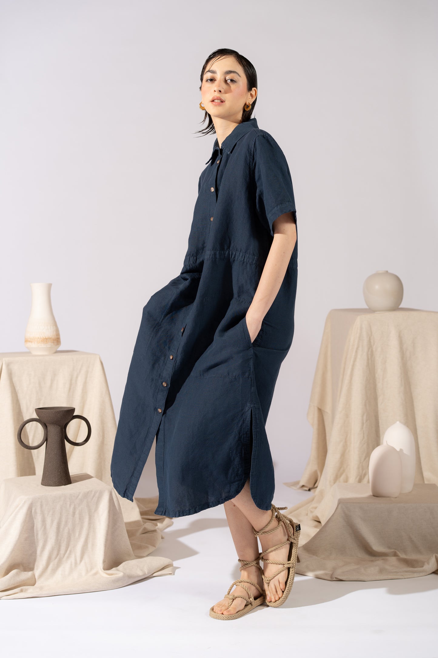 Vestito Chemisier in canapa cotone con coulisse regolabile - Blu navy