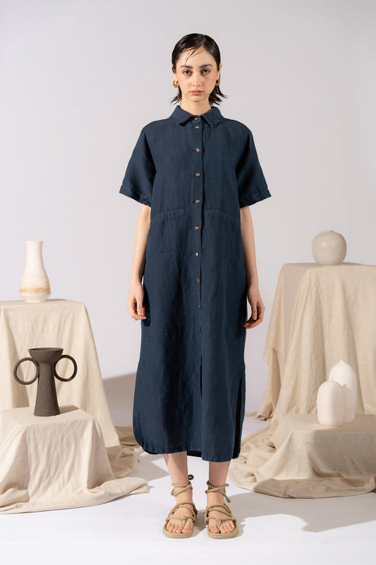 Vestito Chemisier in canapa cotone con coulisse regolabile - Blu navy