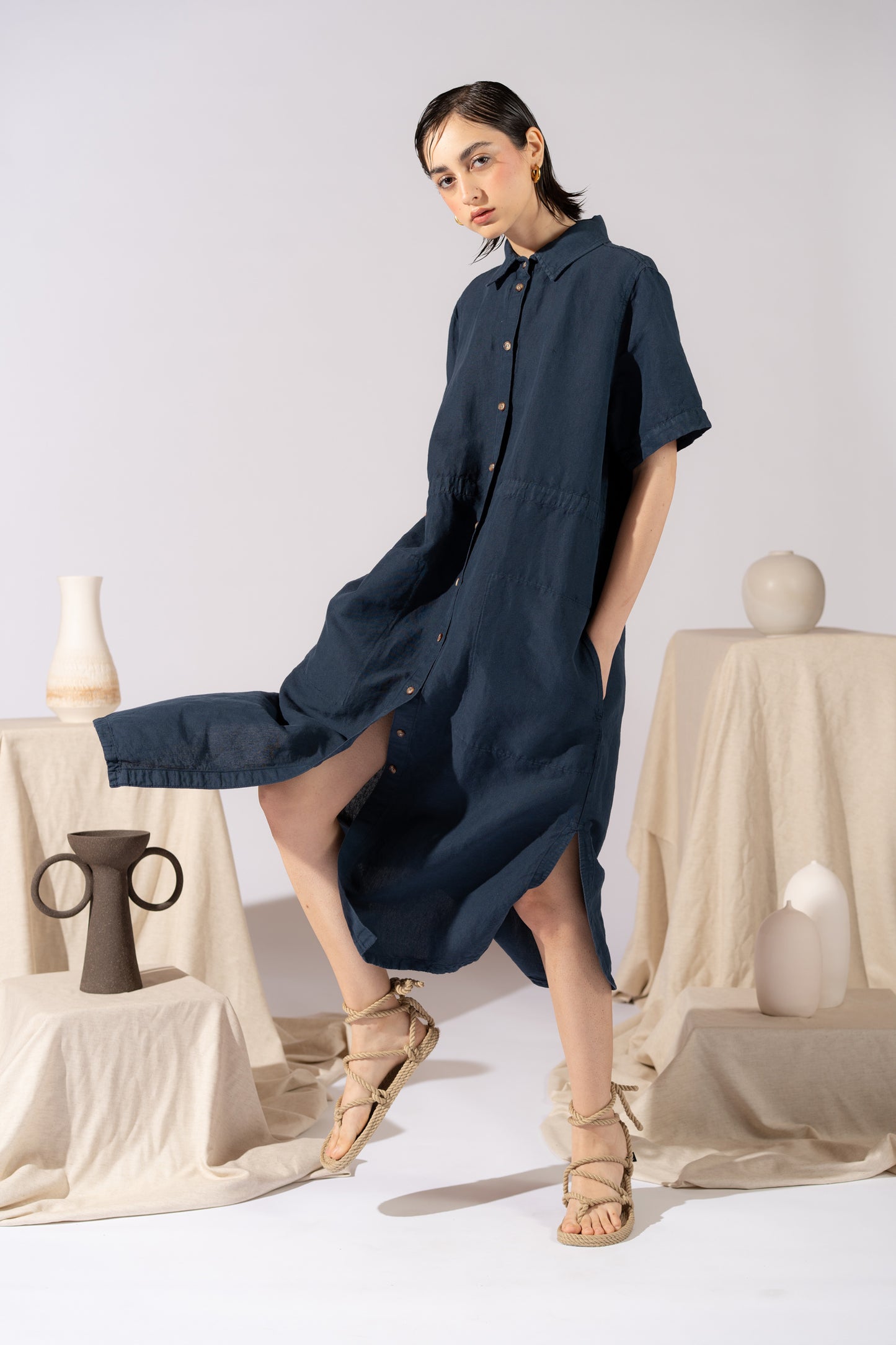 Vestito Chemisier in canapa cotone con coulisse regolabile - Blu navy