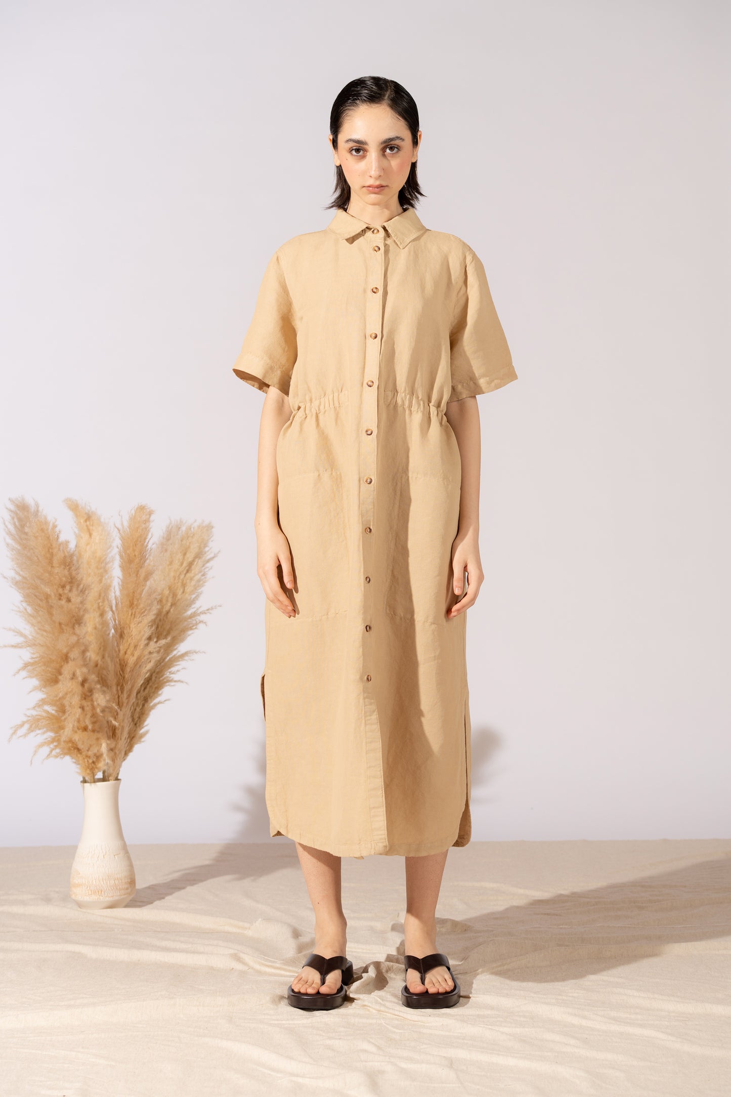 Vestito Chemisier in canapa cotone con coulisse regolabile - Miele