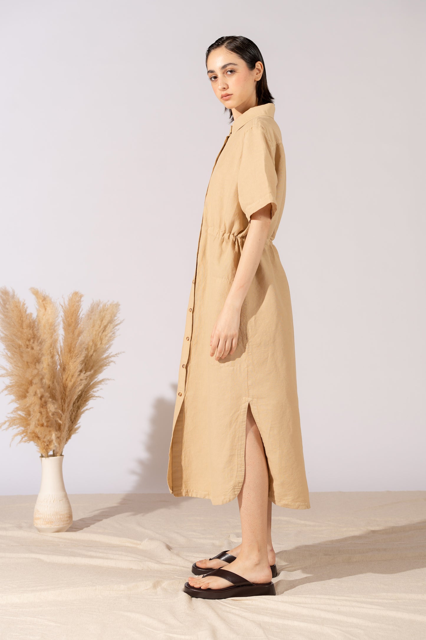 Vestito Chemisier in canapa cotone con coulisse regolabile - Miele