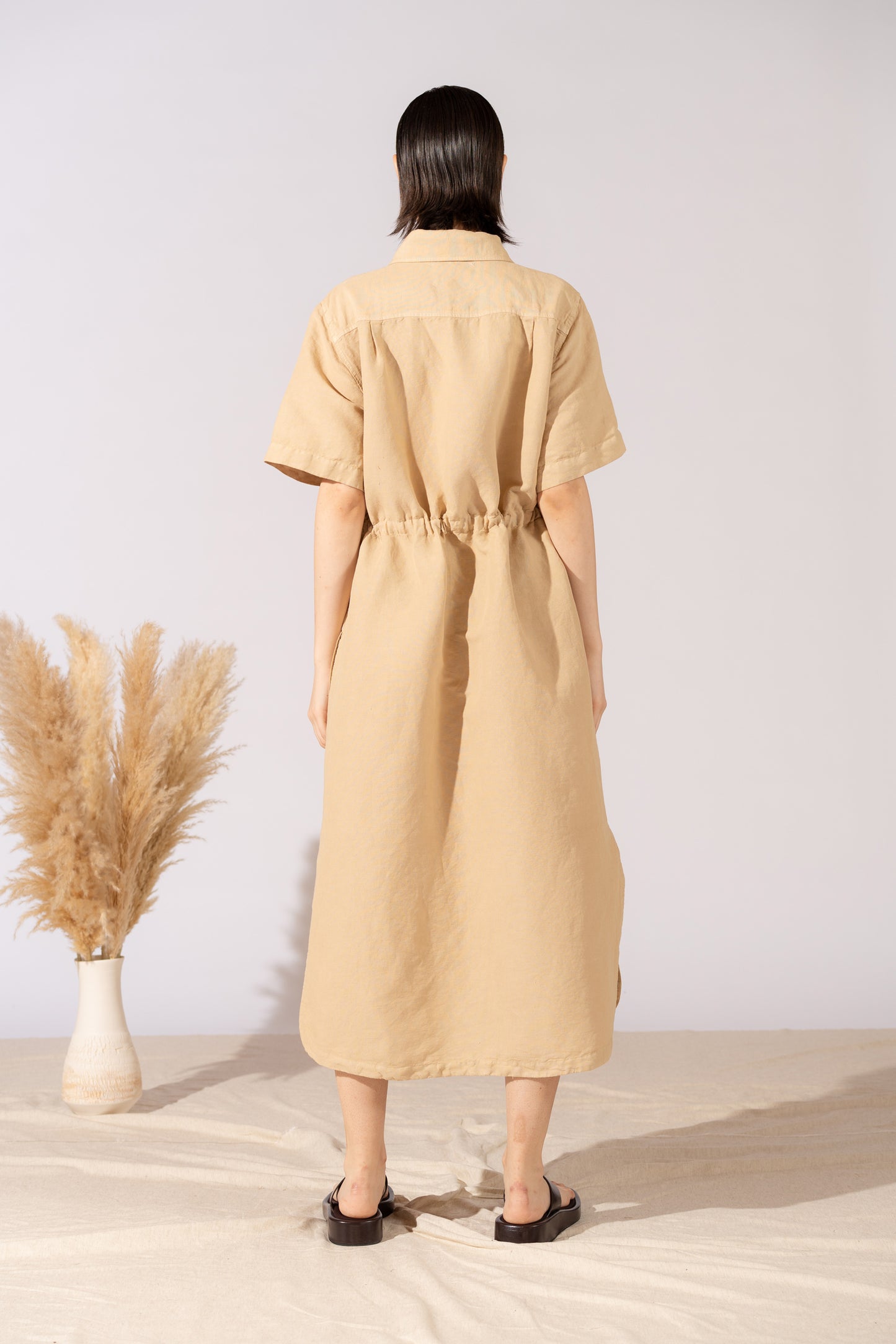 Vestito Chemisier in canapa cotone con coulisse regolabile - Miele