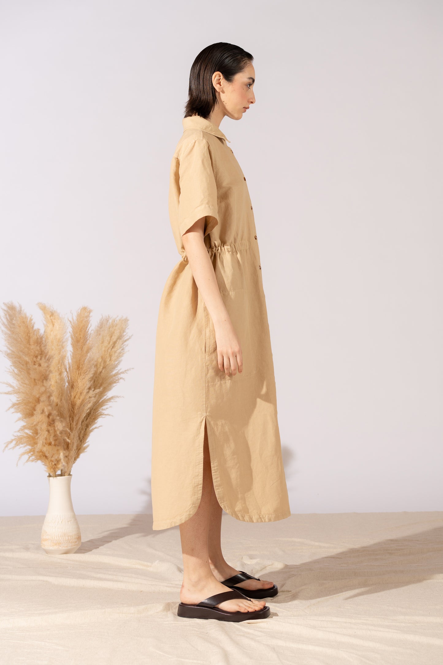 Vestito Chemisier in canapa cotone con coulisse regolabile - Miele