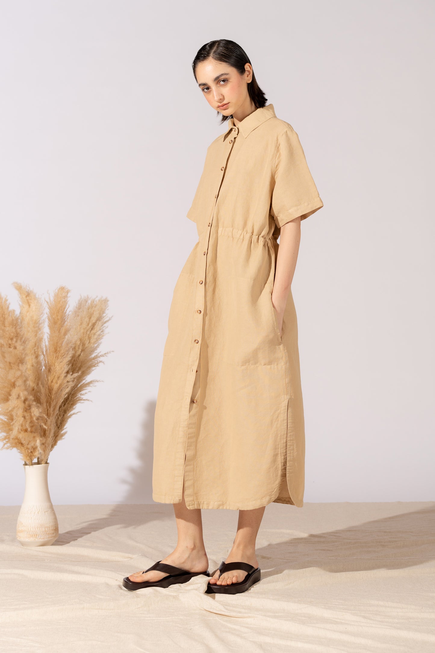 Vestito Chemisier in canapa cotone con coulisse regolabile - Miele