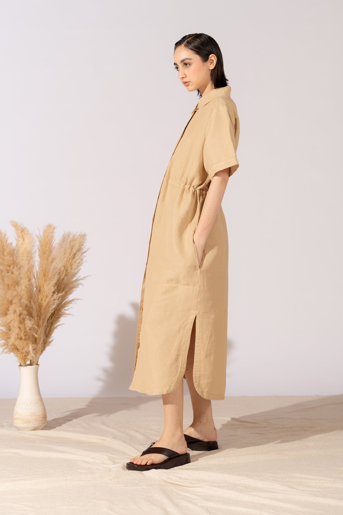 Vestito Chemisier in canapa cotone con coulisse regolabile - Miele