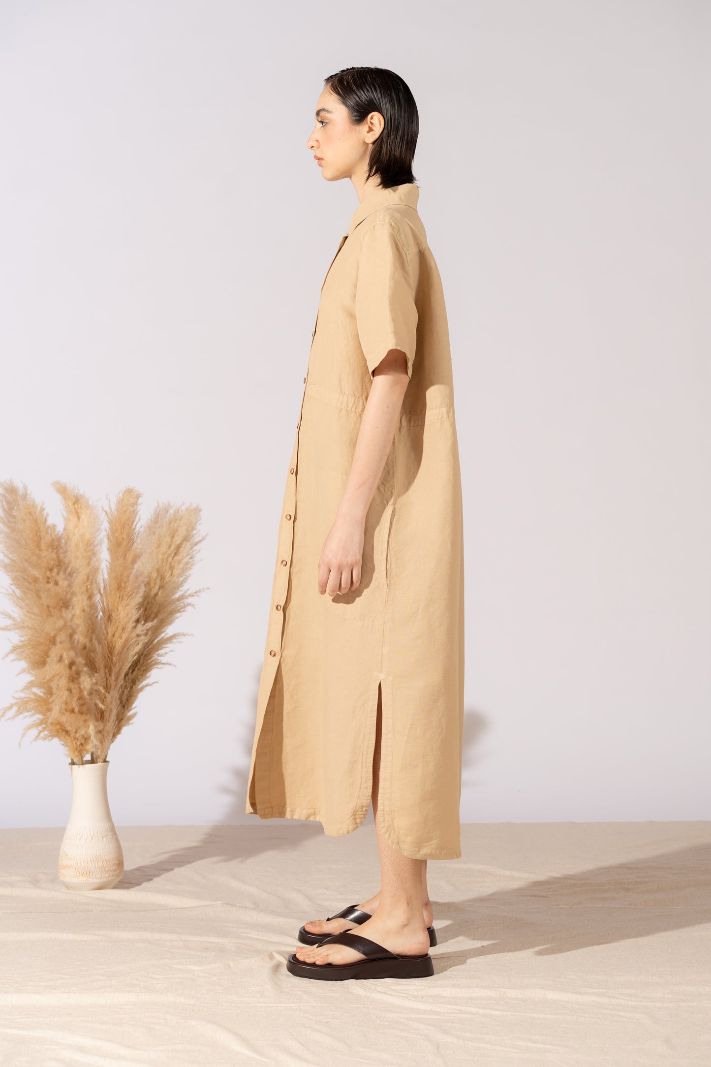 Vestito Chemisier in canapa cotone con coulisse regolabile - Miele