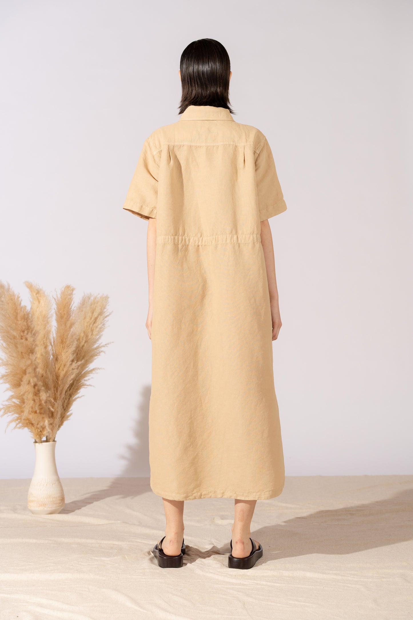 Vestito Chemisier in canapa cotone con coulisse regolabile - Miele