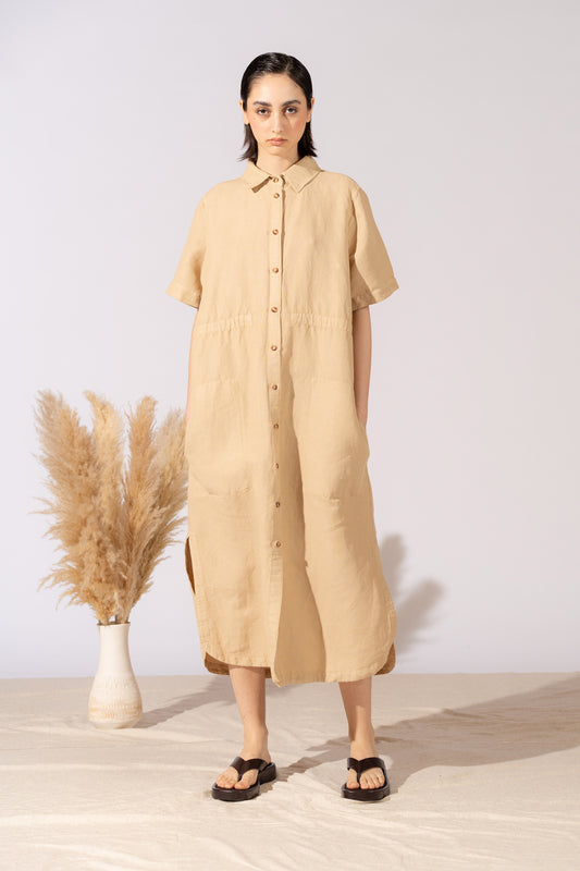 Vestito Chemisier in canapa cotone con coulisse regolabile - Miele