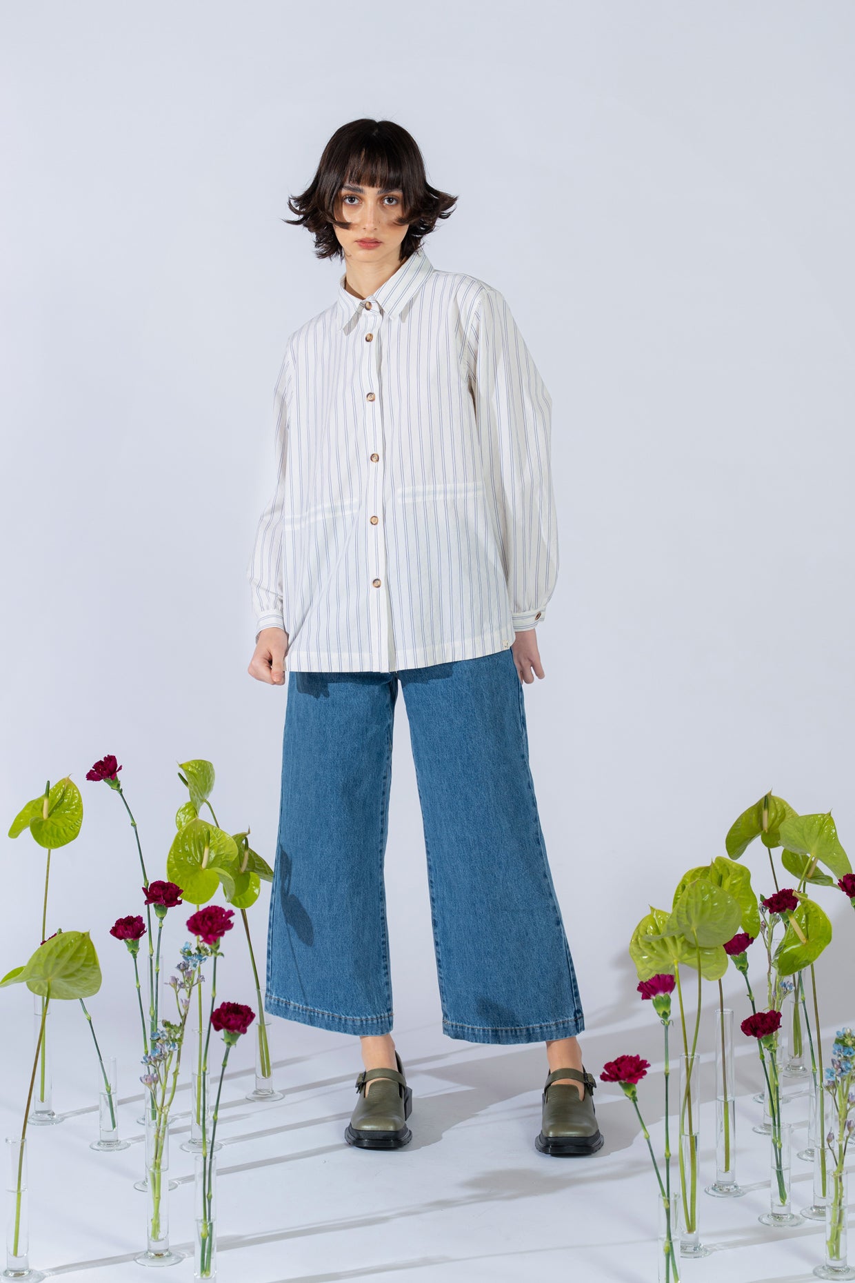 Camicia Vera con coulisse in cotone bio - bianco riga blu
