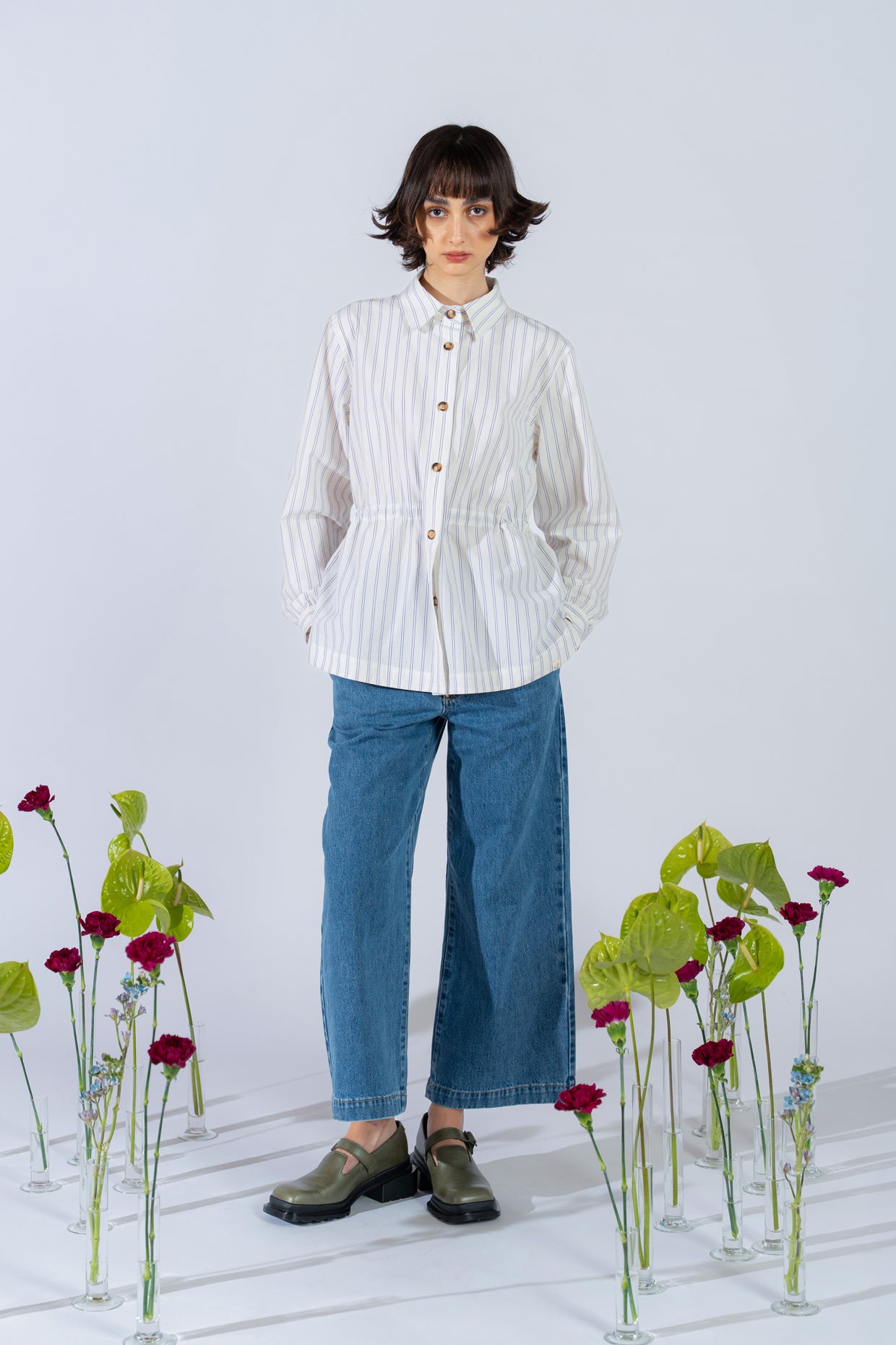 Camicia Vera con coulisse in cotone bio - bianco riga blu