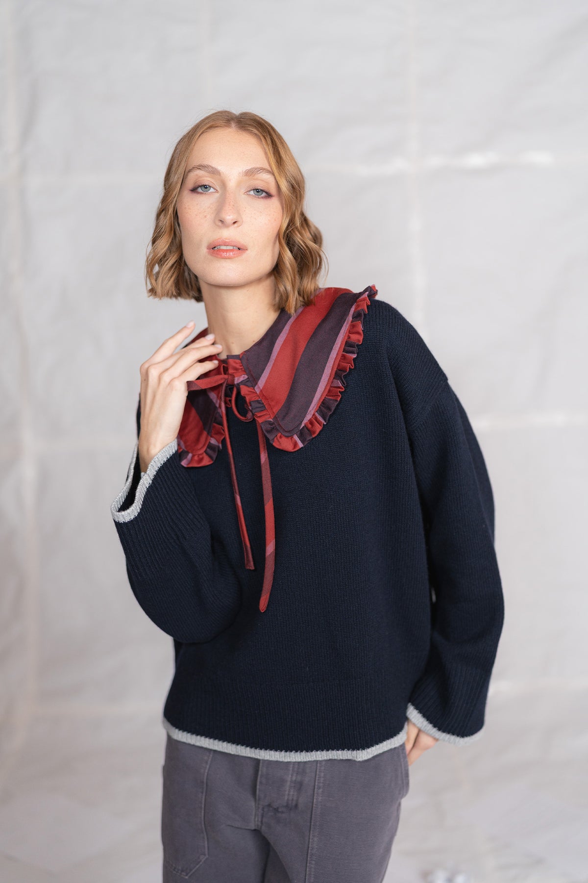 Colletto in lana vergine - righe rosso e blu