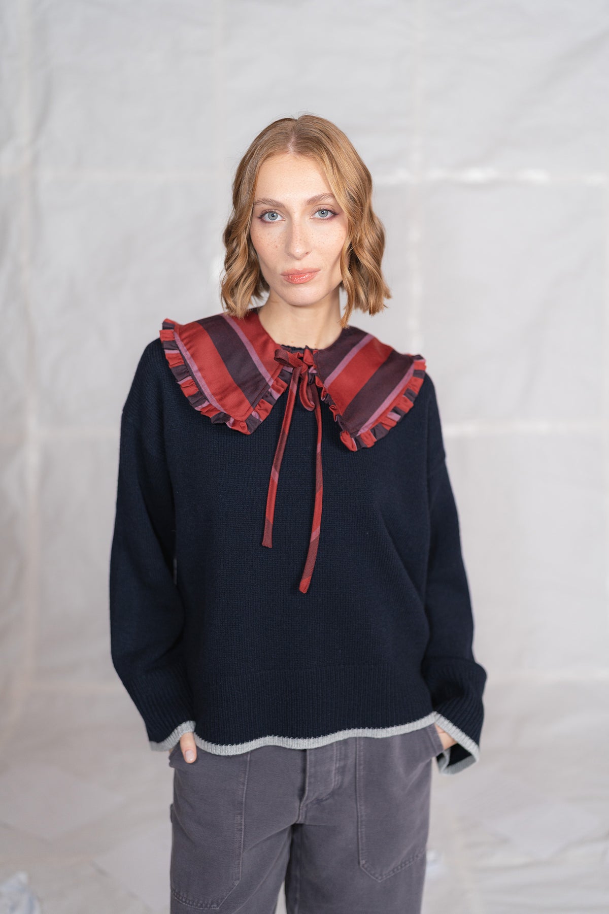 Colletto in lana vergine - righe rosso e blu