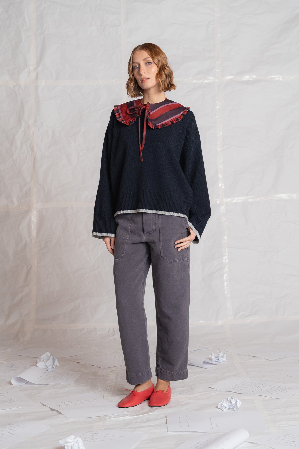 Colletto in lana vergine - righe rosso e blu