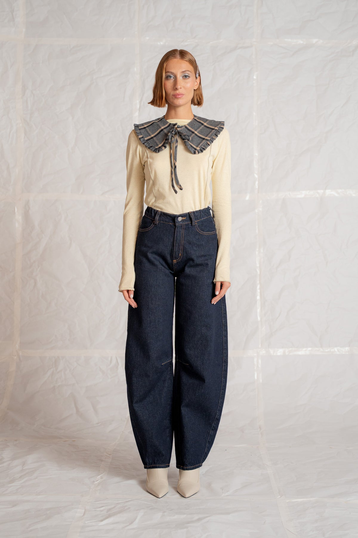 Jeans barrel leg lungo con elastico in vita - blu Indaco