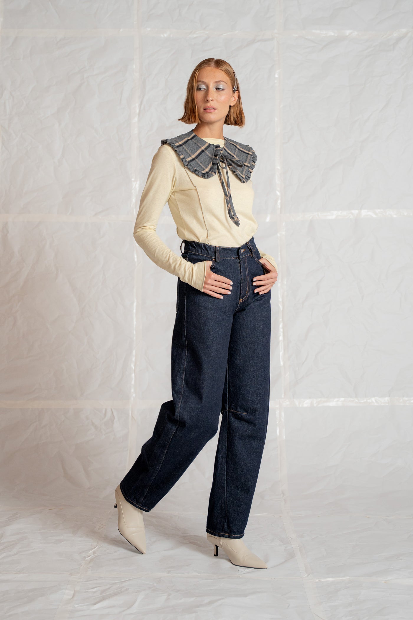 Jeans barrel leg lungo con elastico in vita - blu Indaco