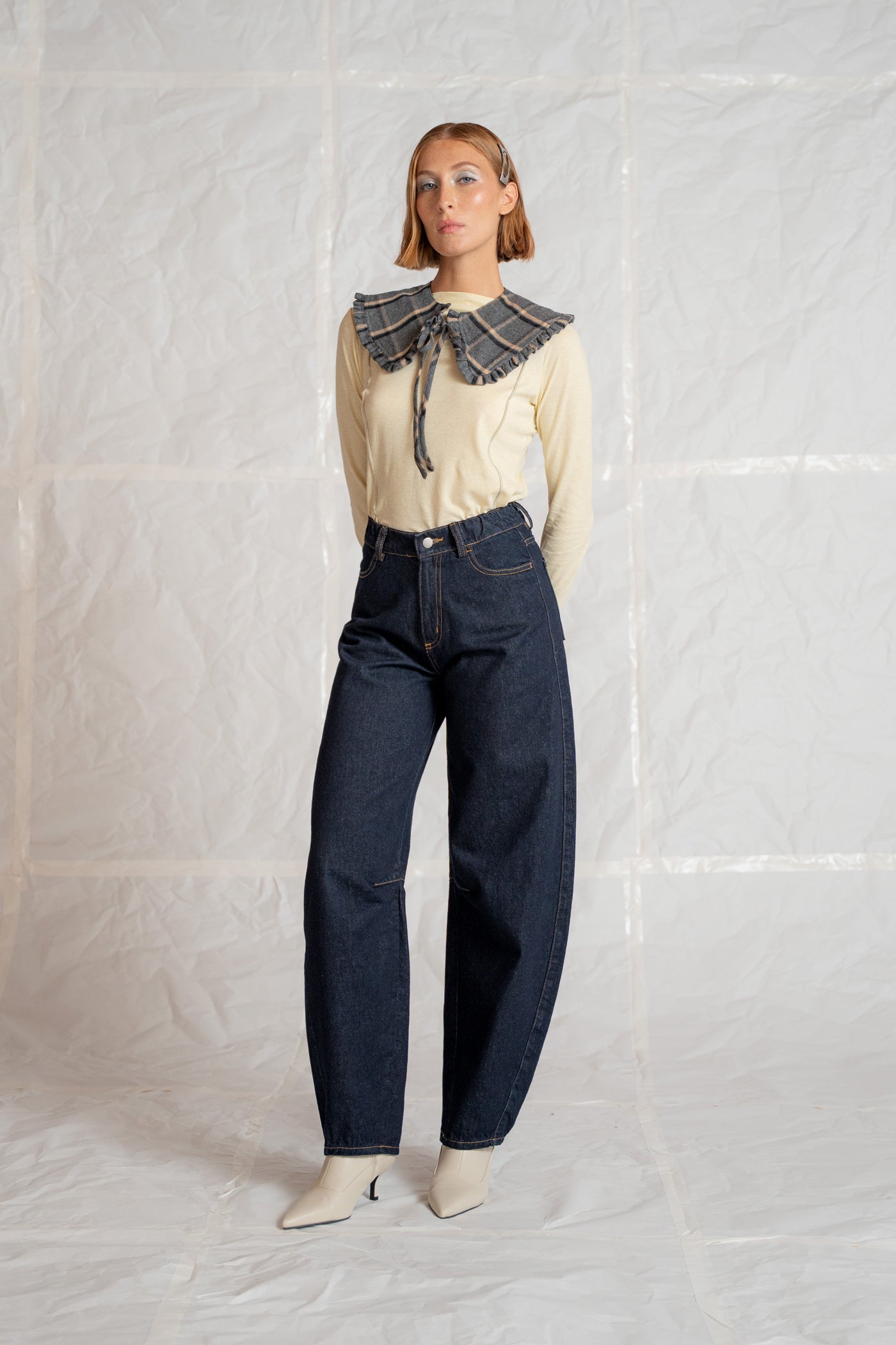Jeans barrel leg lungo con elastico in vita - blu Indaco