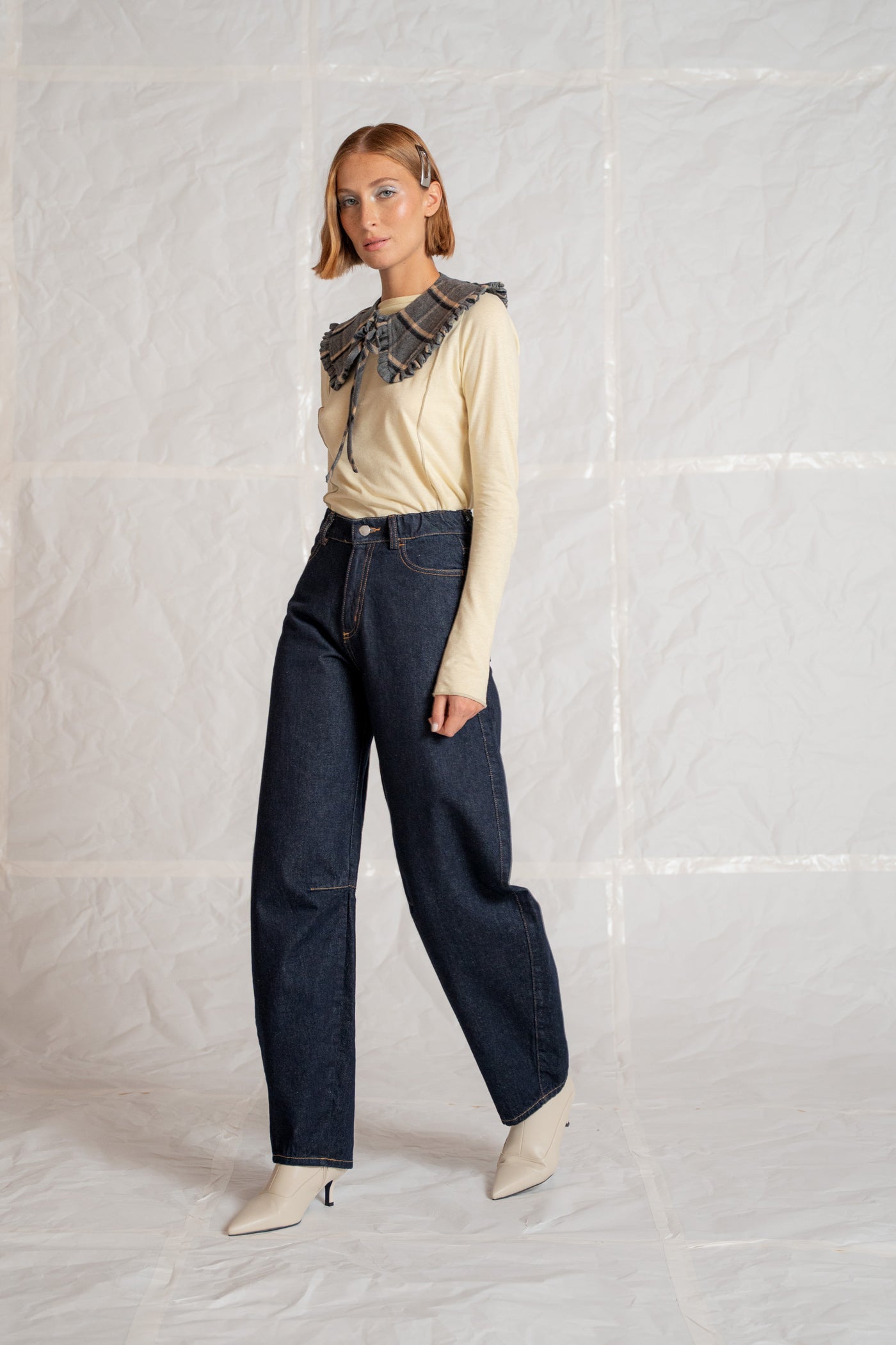 Jeans barrel leg lungo con elastico in vita - blu Indaco