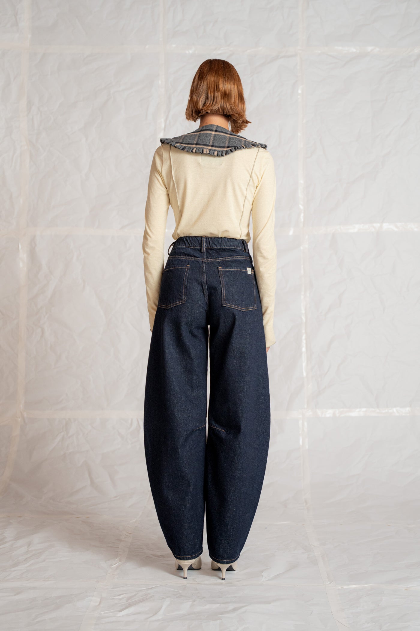 Jeans barrel leg lungo con elastico in vita - blu Indaco