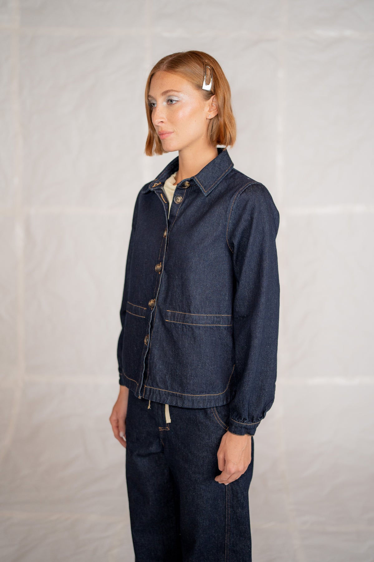 Overshirt Jeans Eva con coulisse in cotone riciclato - Blu indaco