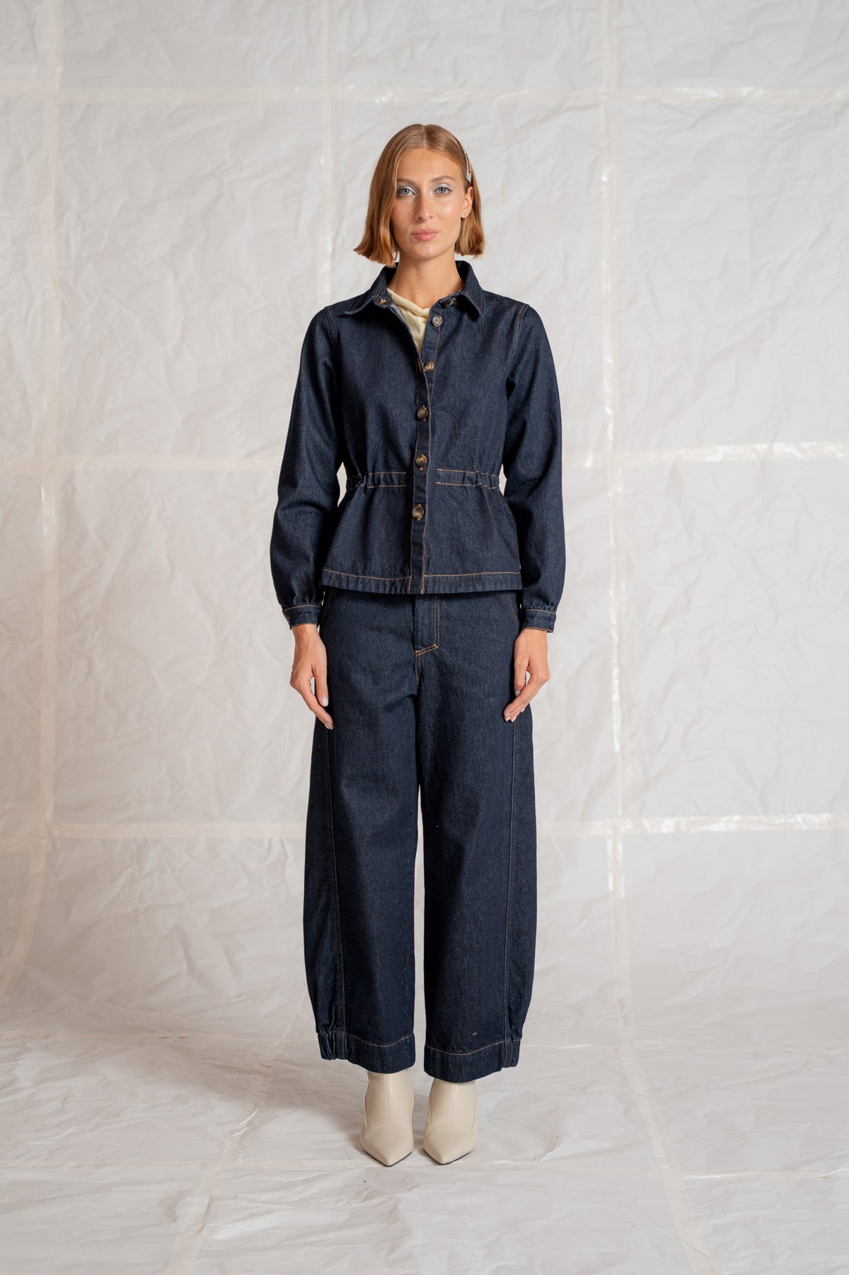 Overshirt Jeans Eva con coulisse in cotone riciclato - Blu indaco