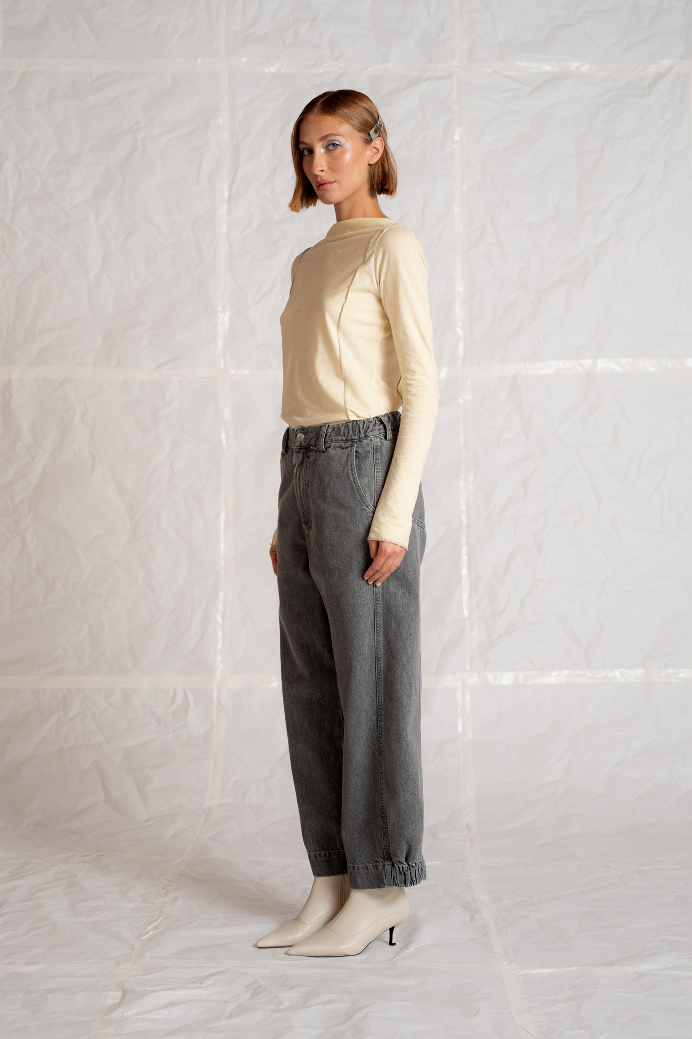 Jeans Selene in cotone canapa con elastico in vita - grigio stonewashed