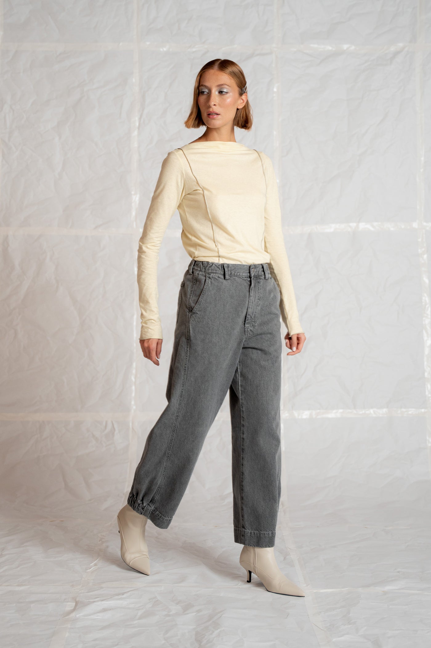Jeans Selene in cotone canapa con elastico in vita - grigio stonewashed
