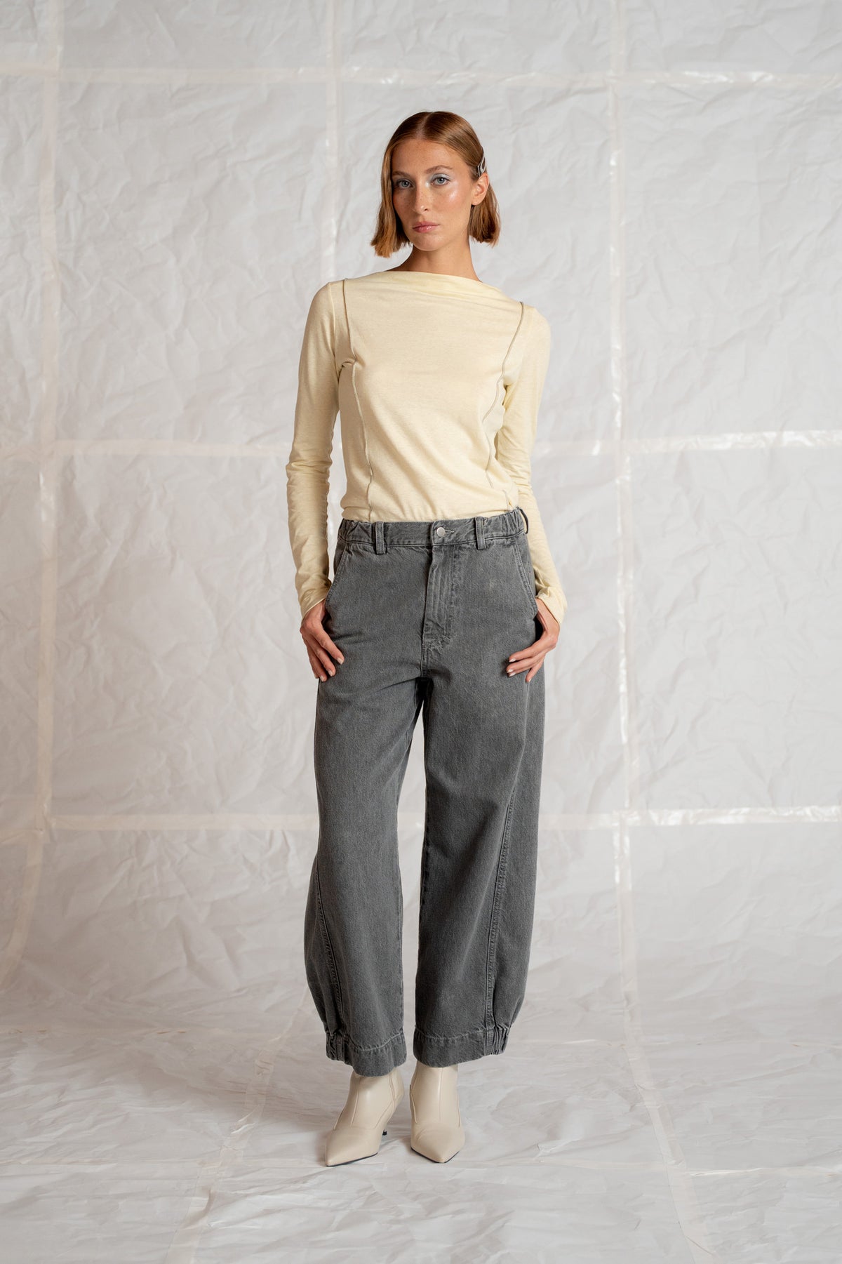 Jeans Selene in cotone canapa con elastico in vita - grigio stonewashed