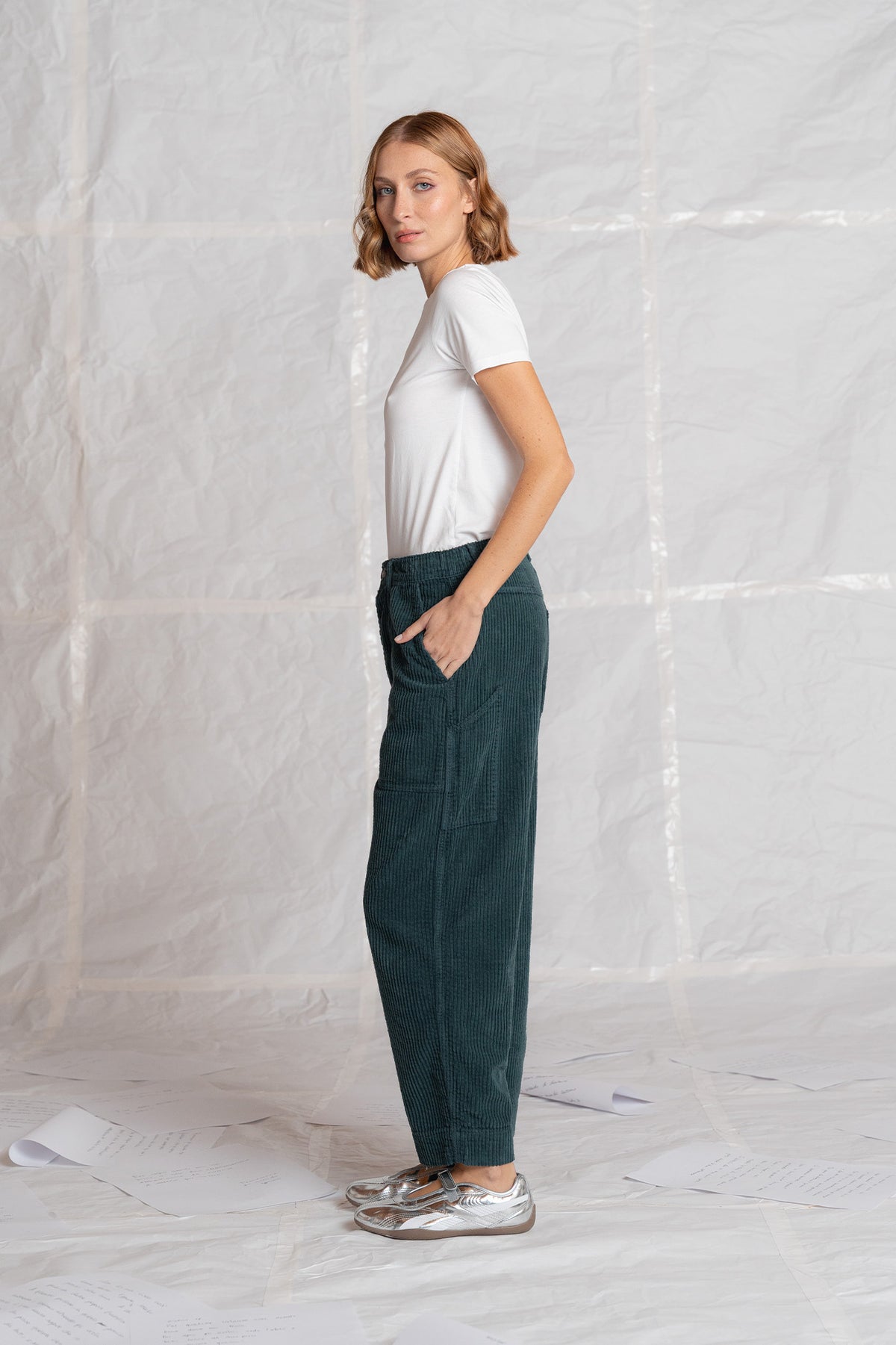 Pantaloni Apollo in velluto con elastico in vita - verde Bosco