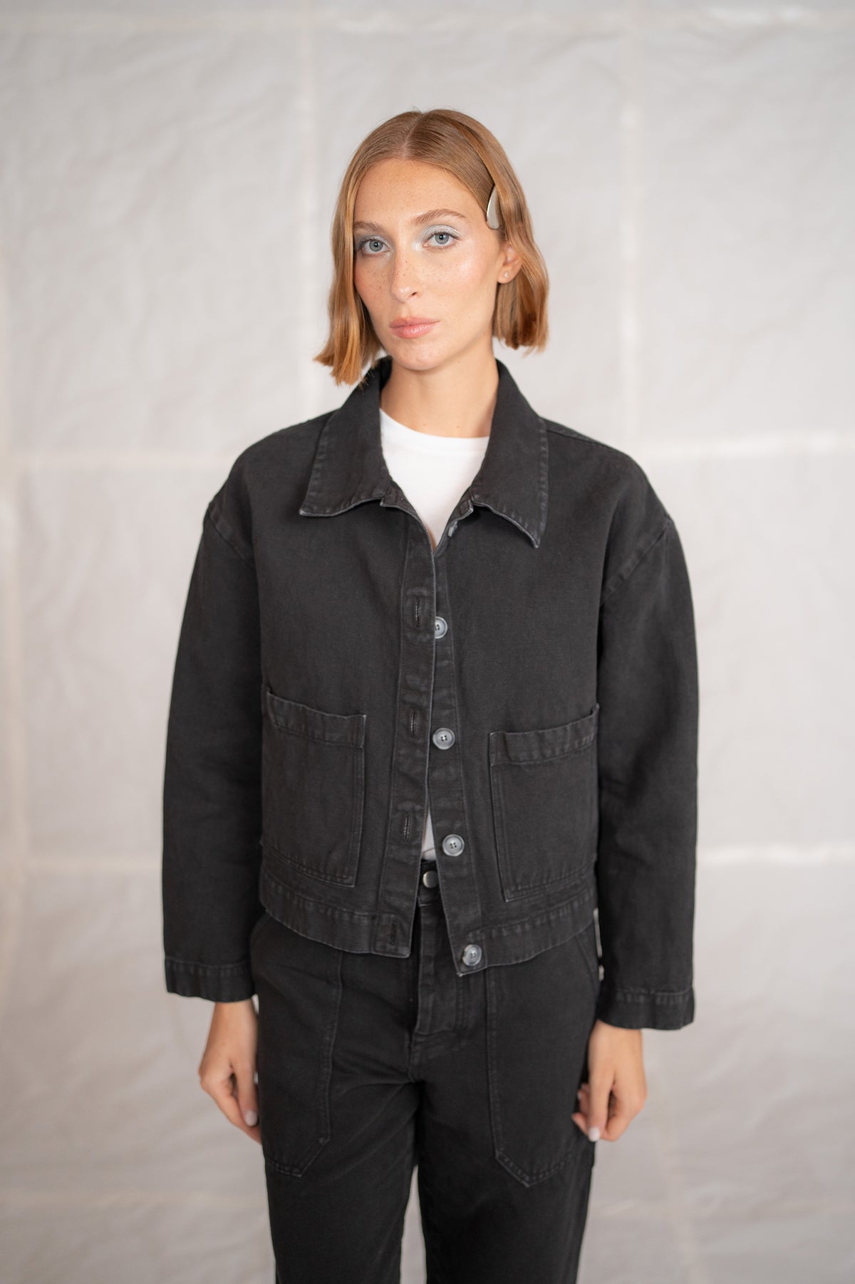 Overshirt Jeans Eva mit Kordelzug aus recycelter Baumwolle – Blau gewaschen