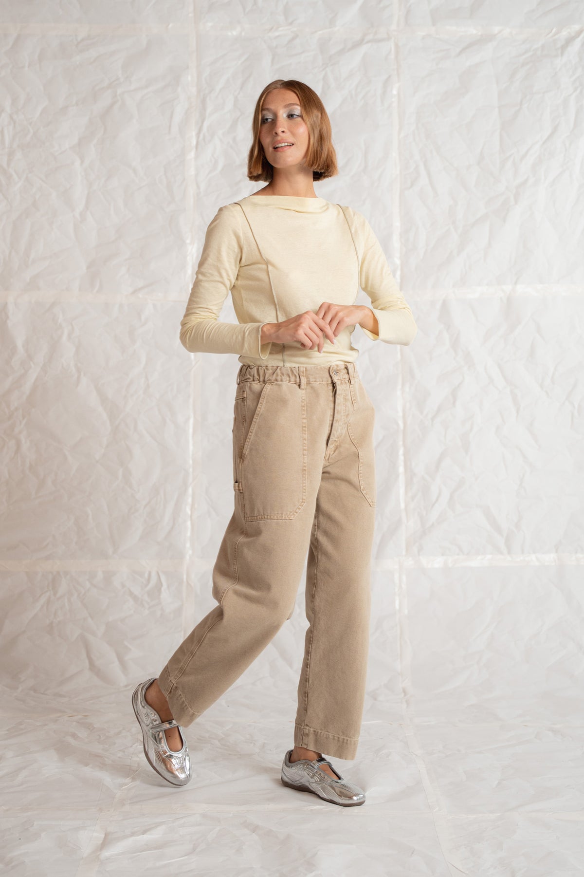 Pantaloni Apollo in cotone con elastico in vita - Beige Old