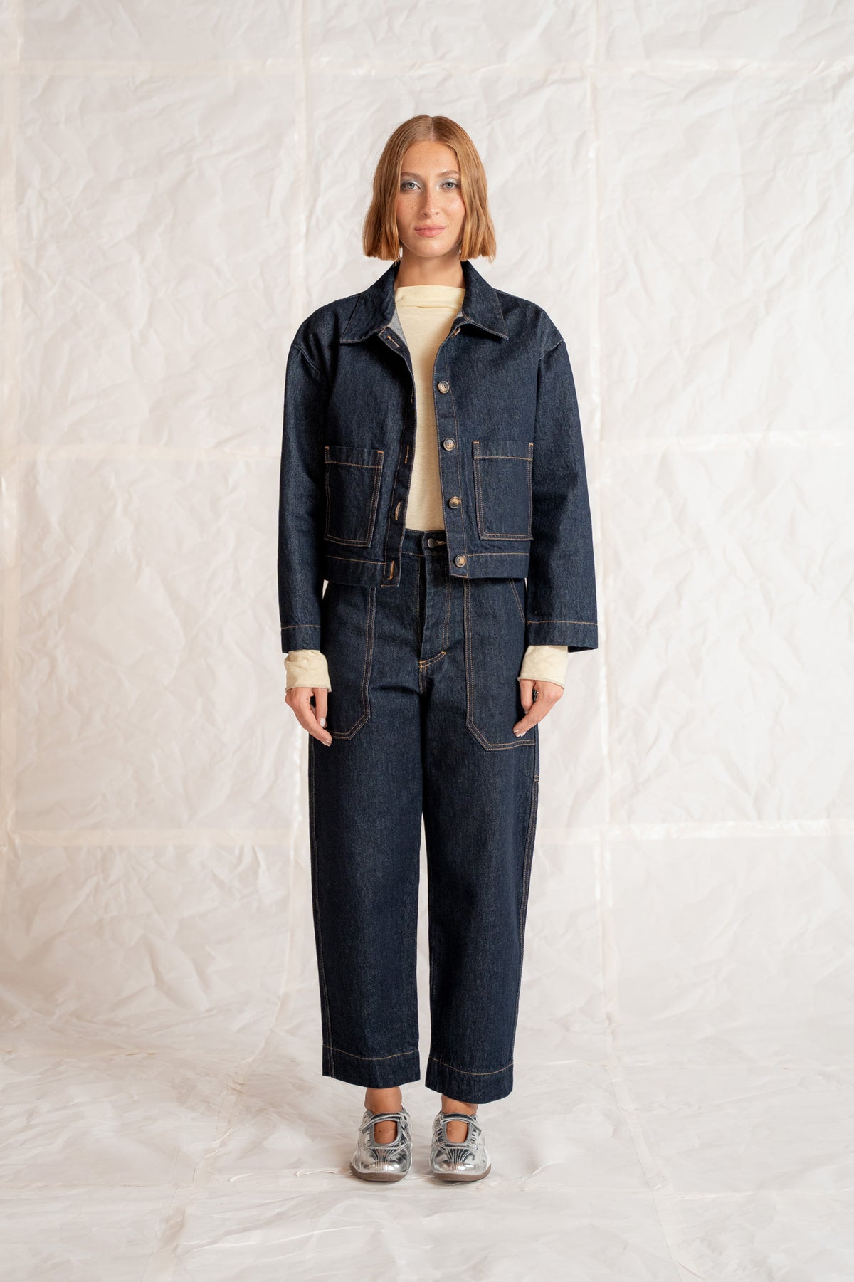 Overshirt Jeans Eva mit Kordelzug aus recycelter Baumwolle – Blau gewaschen