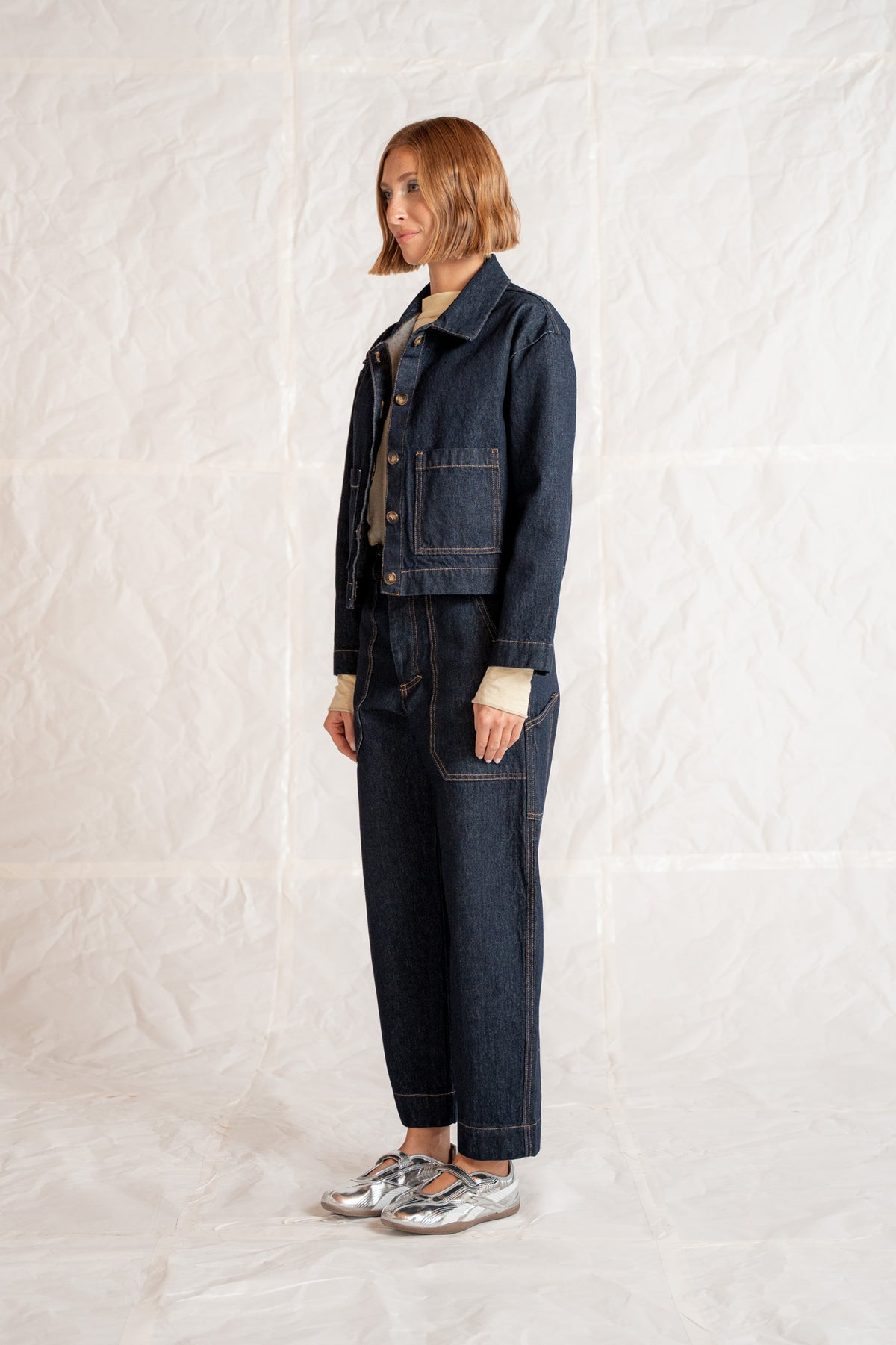 Overshirt Jeans Eva mit Kordelzug aus recycelter Baumwolle – Blau gewaschen