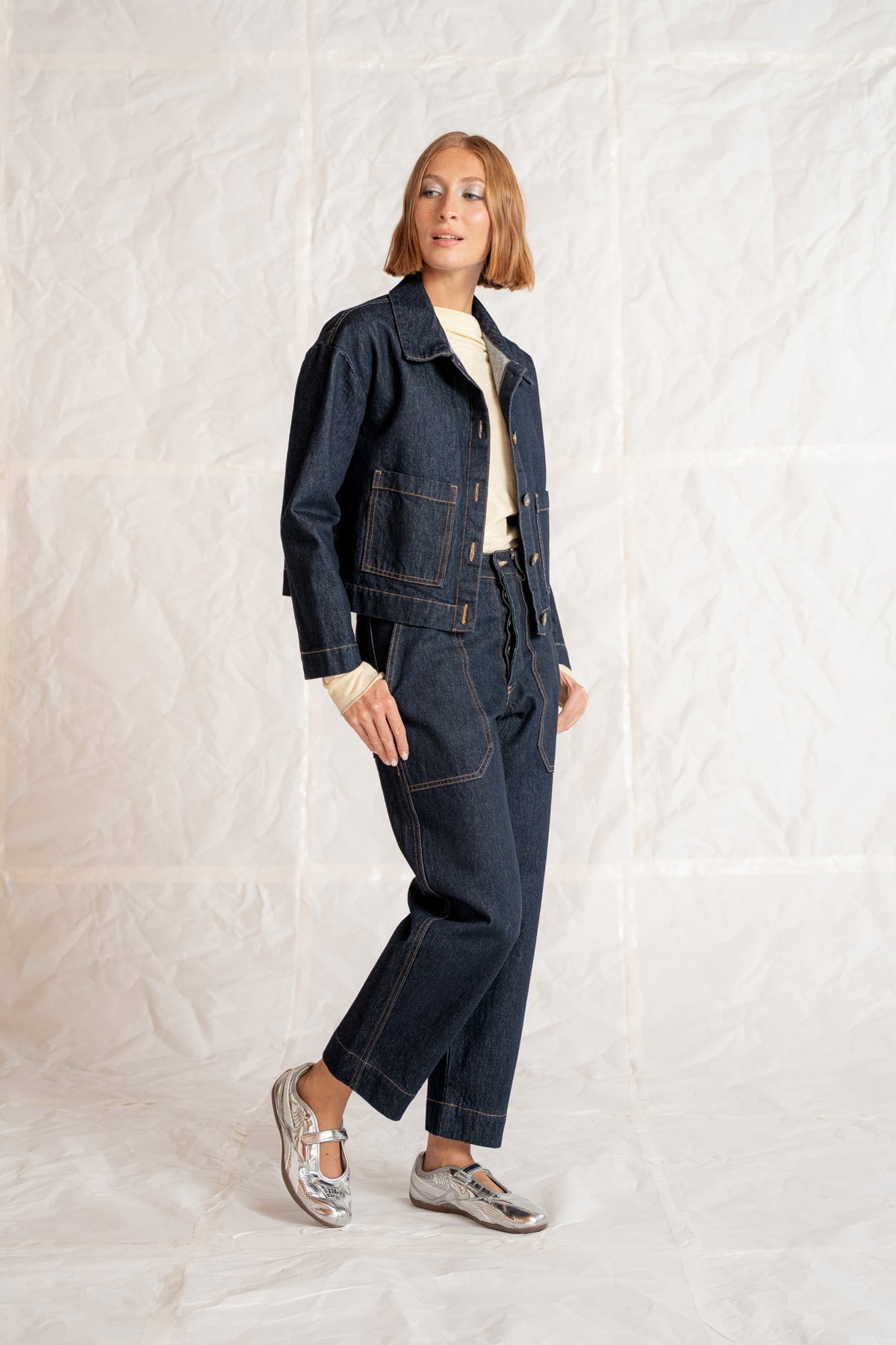 Overshirt Jeans Eva mit Kordelzug aus recycelter Baumwolle – Blau gewaschen