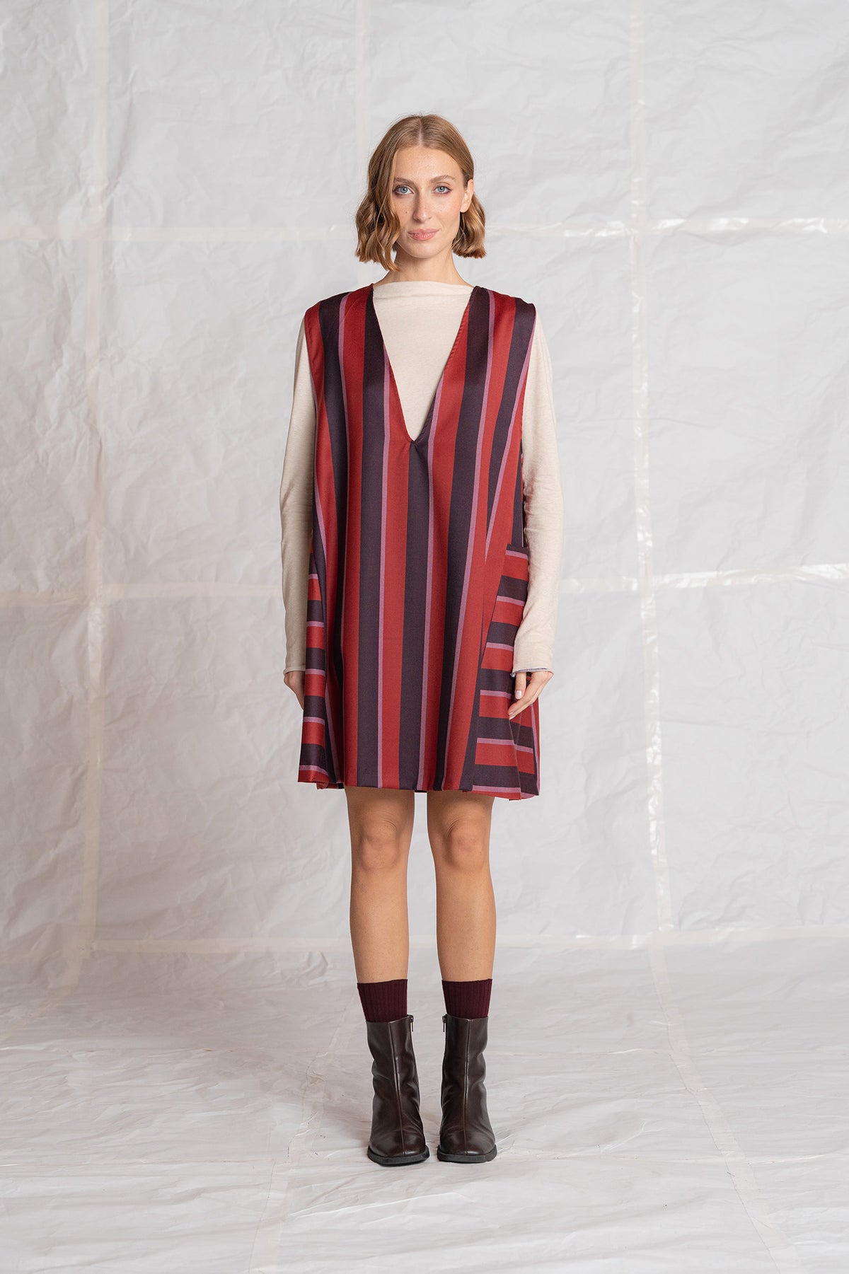 Vestito scamiciato Cosmo in lana vergine - Righe rosso e blu