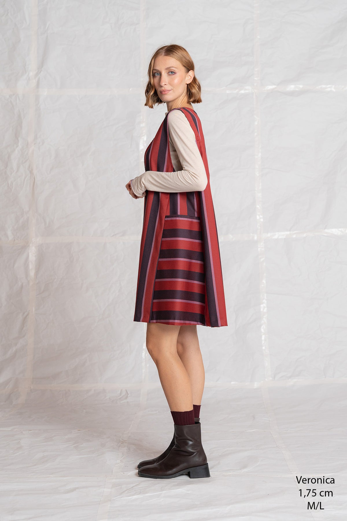 Vestito scamiciato Cosmo in lana vergine - Righe rosso e blu