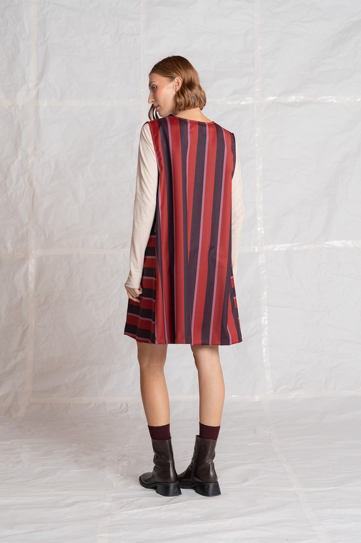 Vestito scamiciato Cosmo in lana vergine - Righe rosso e blu